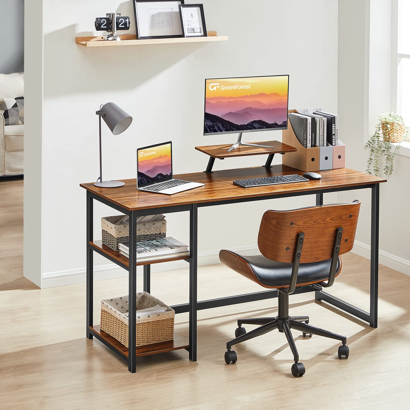 GreenForest Computer Desk 39 Inch with Monitor Stand, Office Desk with Adjustable Storage Shelves, Small Gaming Desk for Home Work Writing Study, Black