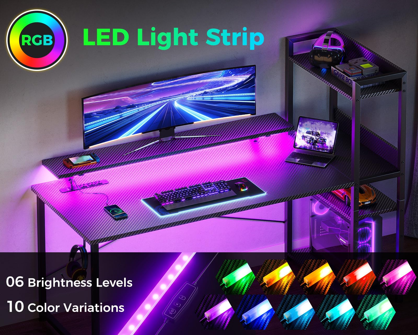 ODK Reversible Gaming Desk with USB Charging Port and LED Lights, 40 Inch Computer Desk with Storage Shelves &amp; Monitor Stand, Study Table for Home Office, Small Space Bedroom, Carbon Fiber Black