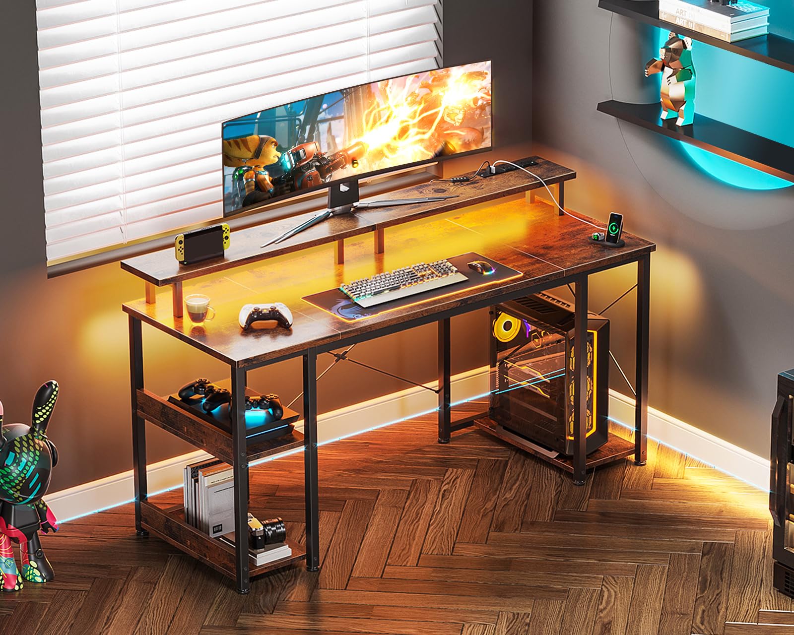 改ODK 48 inch Gaming Desk with LED Lights & Power Outlets, Computer Desk with Monitor Stand & Storage Sheves, CPU Stand, Home Office Desk, Black
