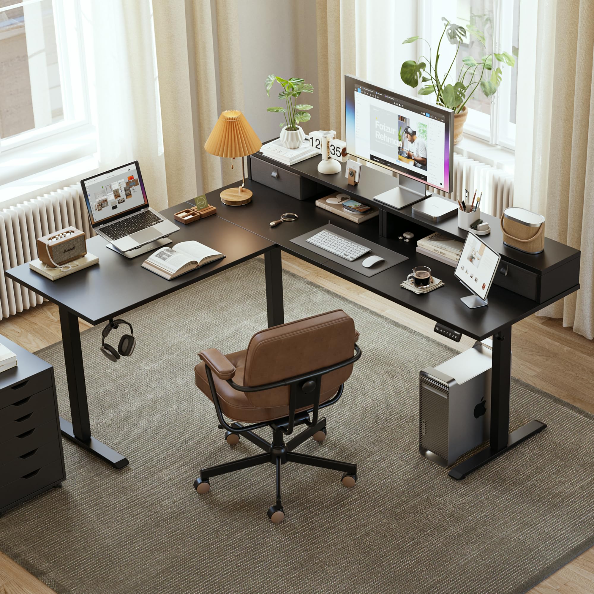 Agilestic L Shaped Standing Desk Adjustable Height, Electric Corner Standing Desk, 63 x 55 inch Sit Stand Computer Table with Splice Board, Rustic Brown