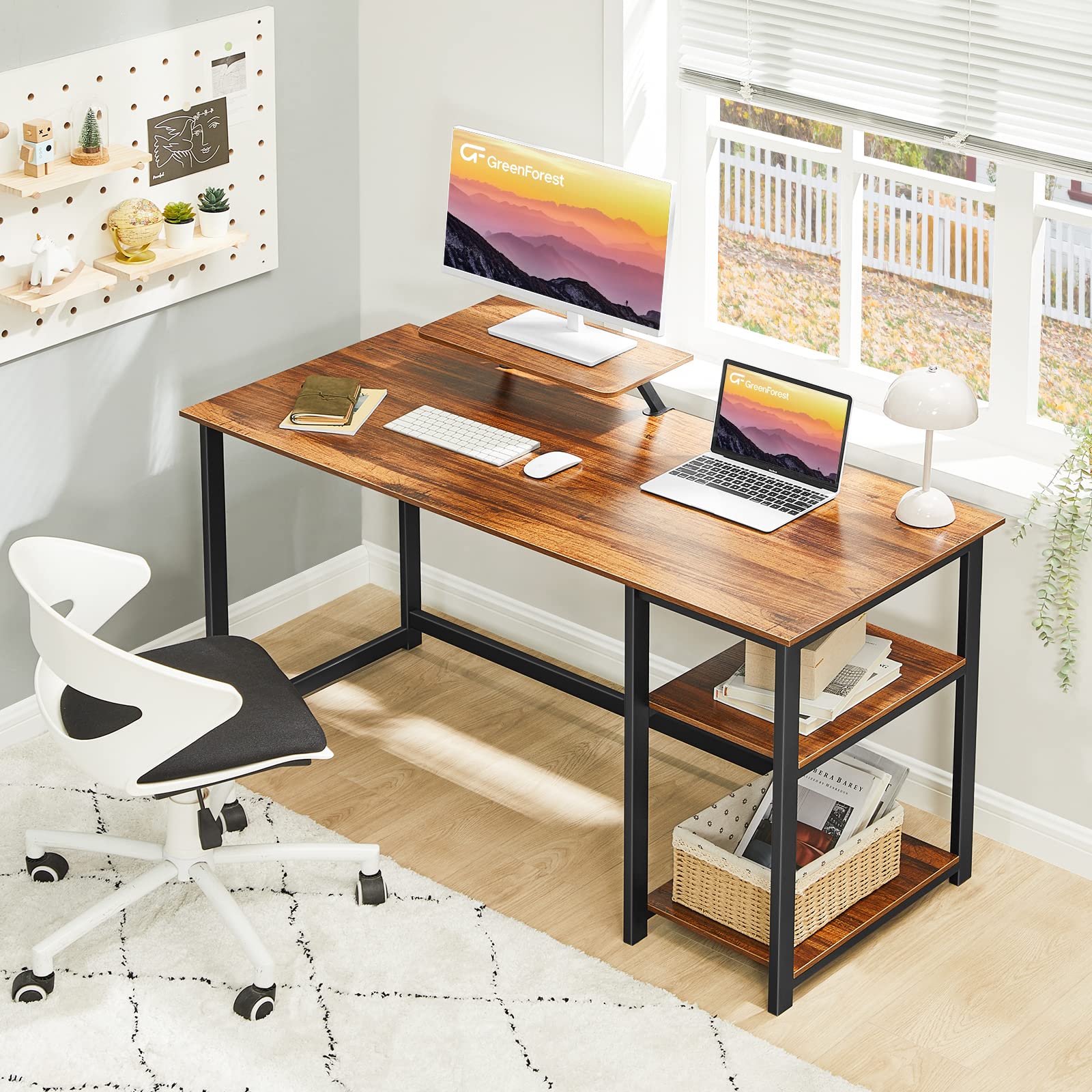 GreenForest Computer Desk 39 Inch with Monitor Stand, Office Desk with Adjustable Storage Shelves, Small Gaming Desk for Home Work Writing Study, Black