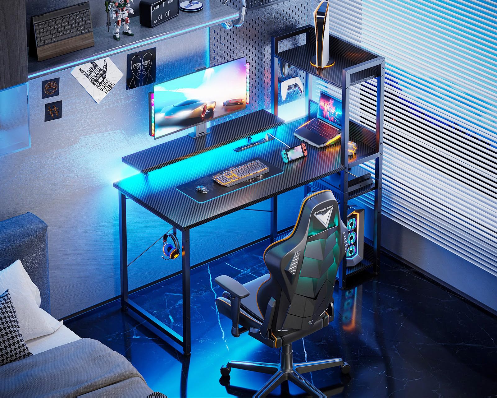 ODK Reversible Gaming Desk with USB Charging Port and LED Lights, 40 Inch Computer Desk with Storage Shelves &amp; Monitor Stand, Study Table for Home Office, Small Space Bedroom, Carbon Fiber Black