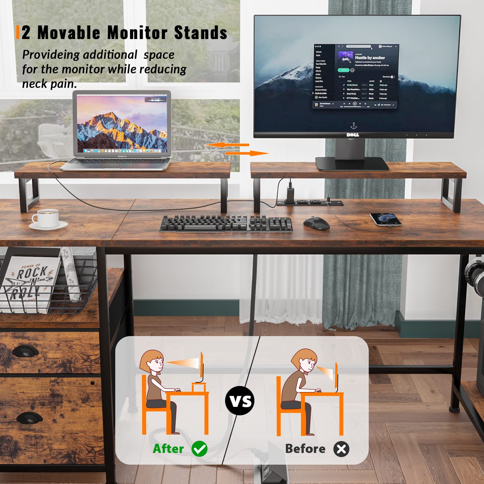 Computer Desk with Drawer and Power Outlets, 47" Office Desk with 2 Monitor Stands and Fabric File Cabinet, Writing Gaming Table with Shelves and 2 Hooks for Home Office, Rustic Brown