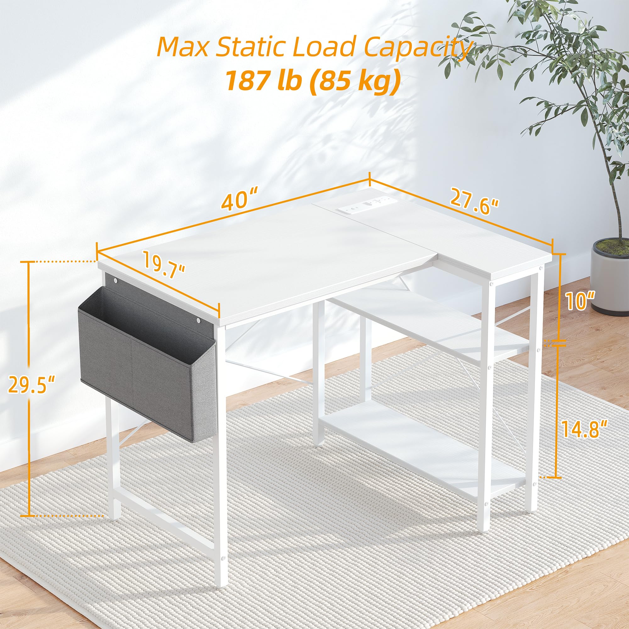 TIQLAB Small Computer Desk with Power Outlets, 40 Inch L Shaped Desk with Reversible Shelves, Gaming Desk Corner Desk Study Writing Table for Home Office Bedroom Living Room, Black
