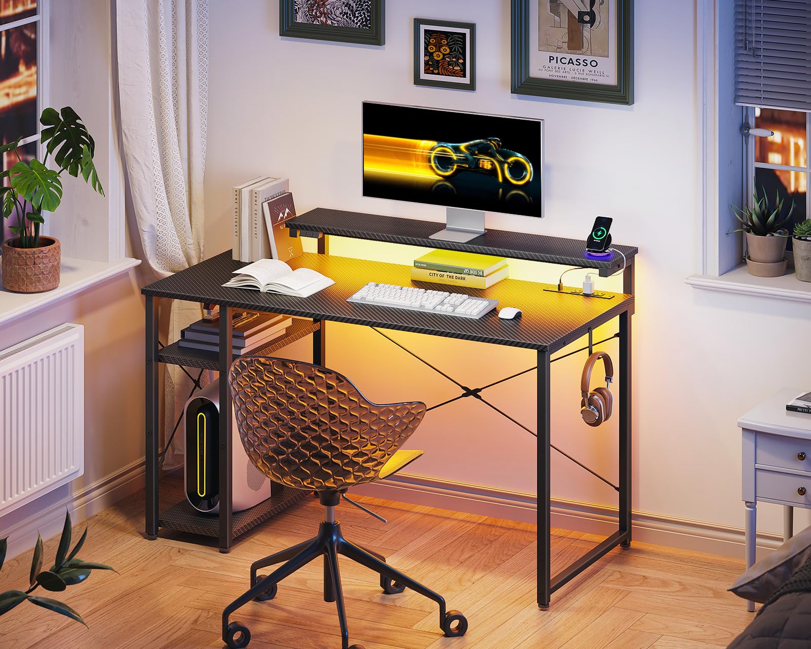 改MOTPK Gaming Desk with Led Lights & Power Outlet, 40 Inch Small Gaming Computer Desk with Shelves, Reversible Gamer Desk Table with Adjustable Monitor Stand & Headphone Hook, Carbon Fiber Texture