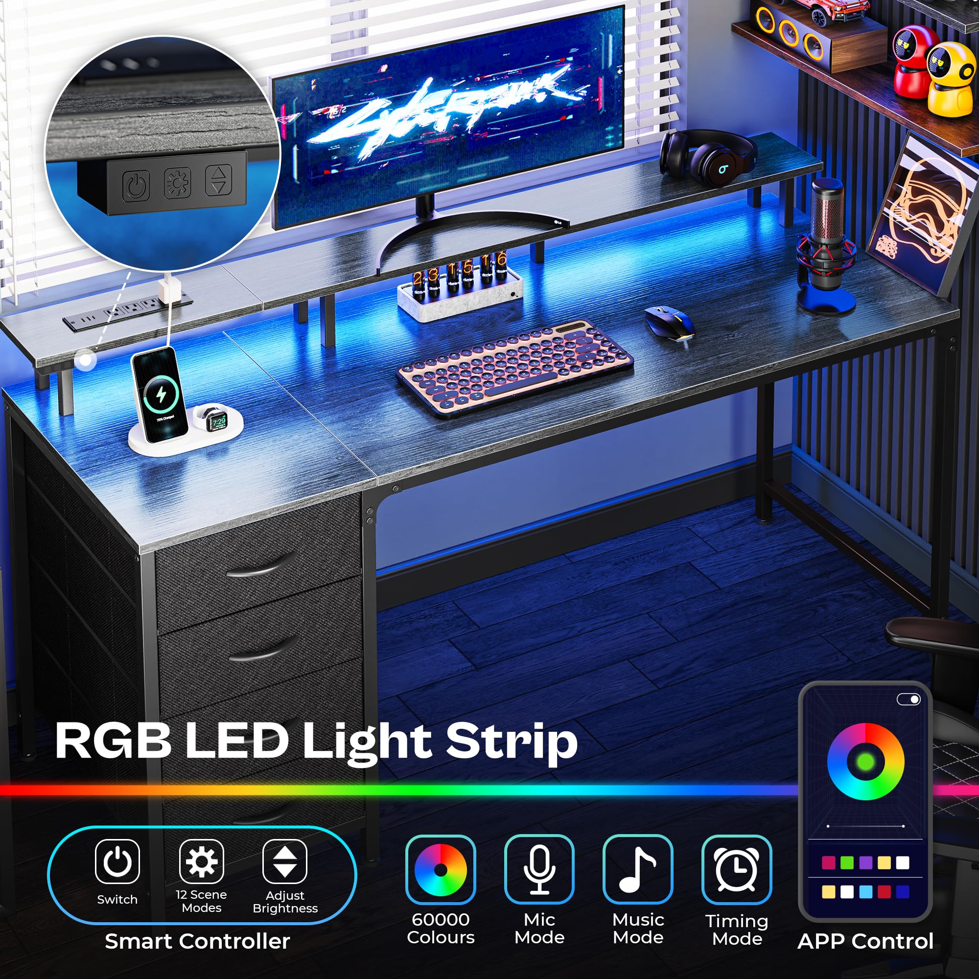 改Huuger 47 Inch Computer Desk with Power Outlets and LED Lights, Gaming Desk with 4 Drawers, Office Desk with Monitor Stand, Study Desk Work Desk for Home Office, Small Spaces, Black