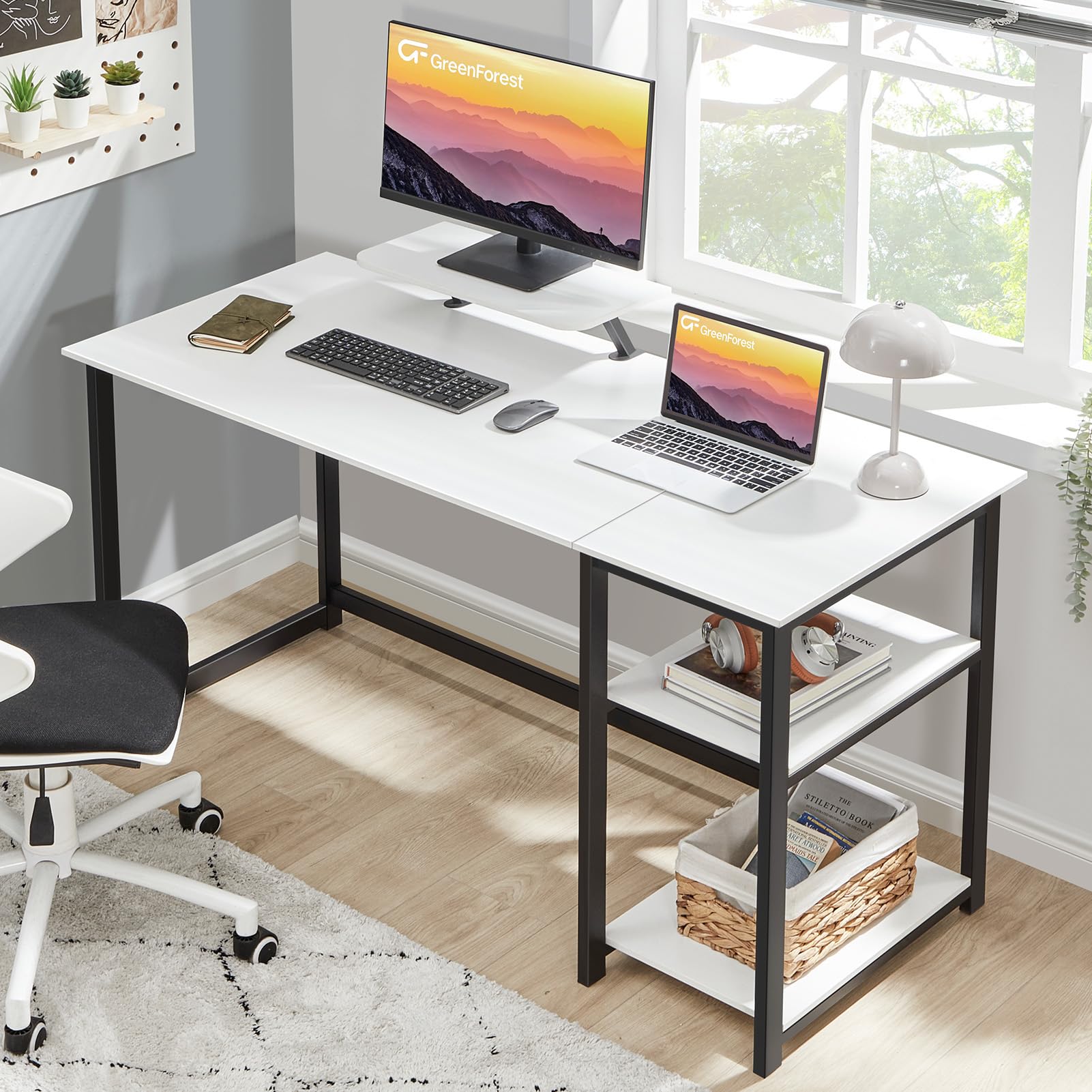 GreenForest Computer Desk 39 Inch with Monitor Stand, Office Desk with Adjustable Storage Shelves, Small Gaming Desk for Home Work Writing Study, Black