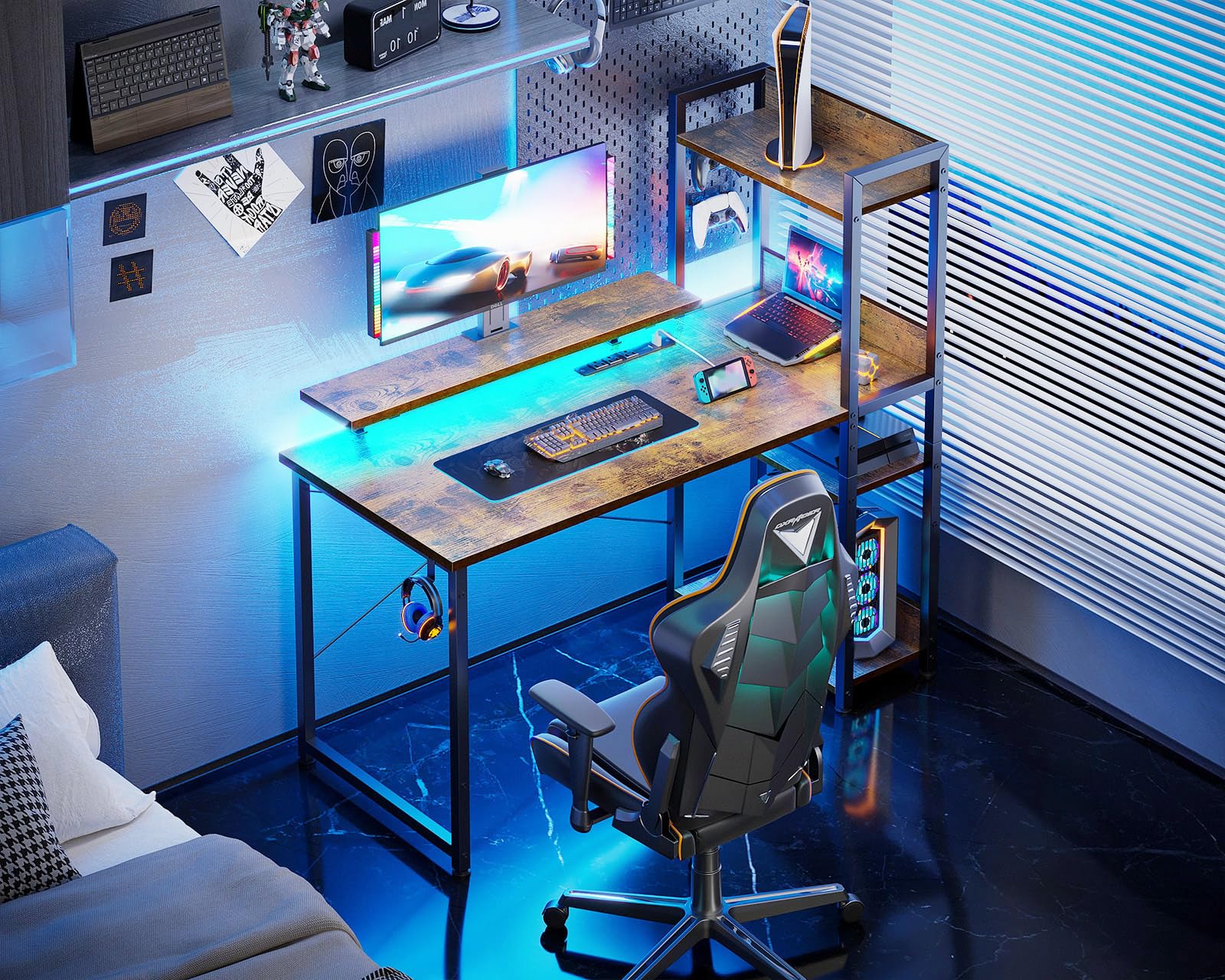 ODK Reversible Gaming Desk with USB Charging Port and LED Lights, 40 Inch Computer Desk with Storage Shelves &amp; Monitor Stand, Study Table for Home Office, Small Space Bedroom, Carbon Fiber Black