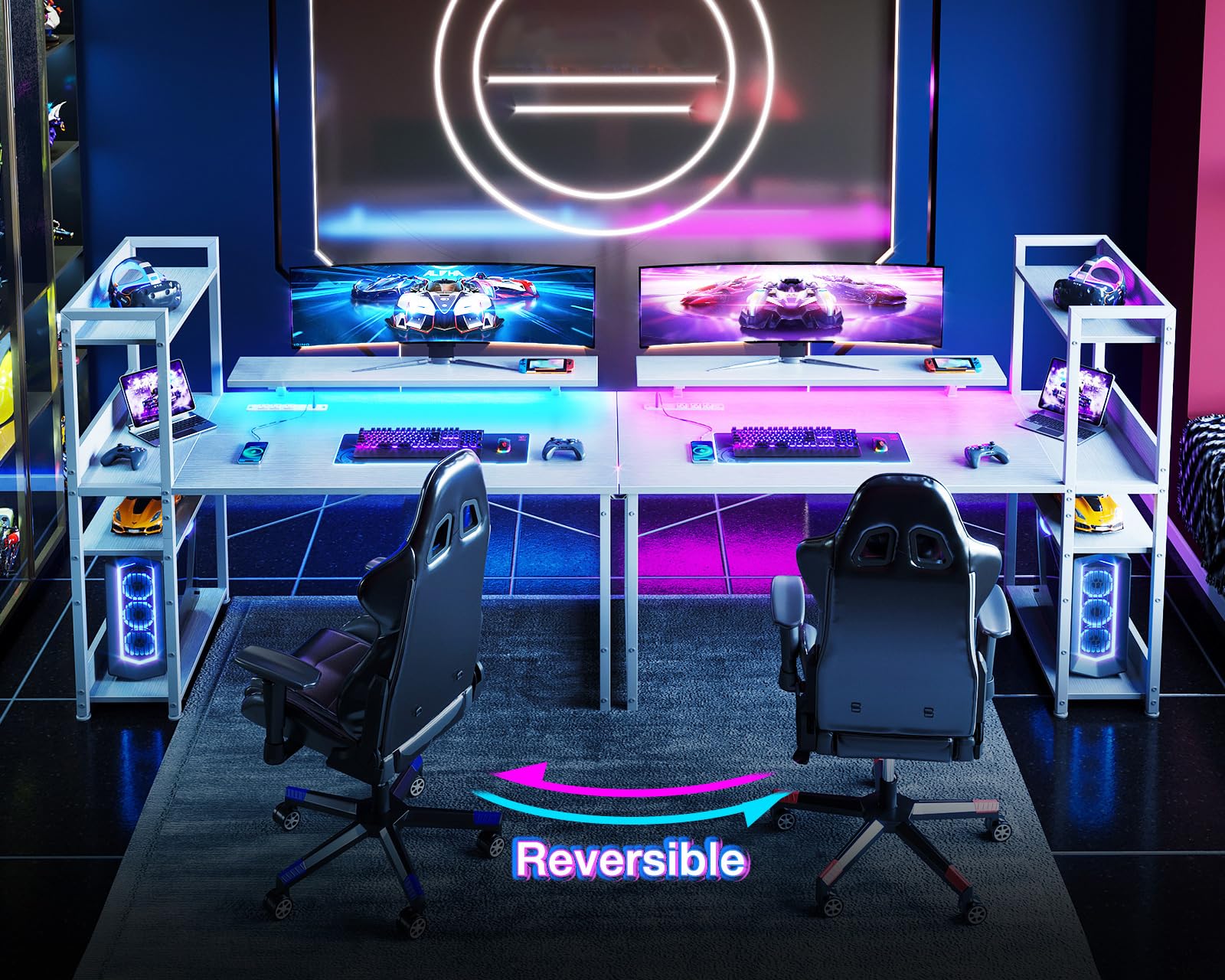 ODK Reversible Gaming Desk with USB Charging Port and LED Lights, 40 Inch Computer Desk with Storage Shelves &amp; Monitor Stand, Study Table for Home Office, Small Space Bedroom, Carbon Fiber Black