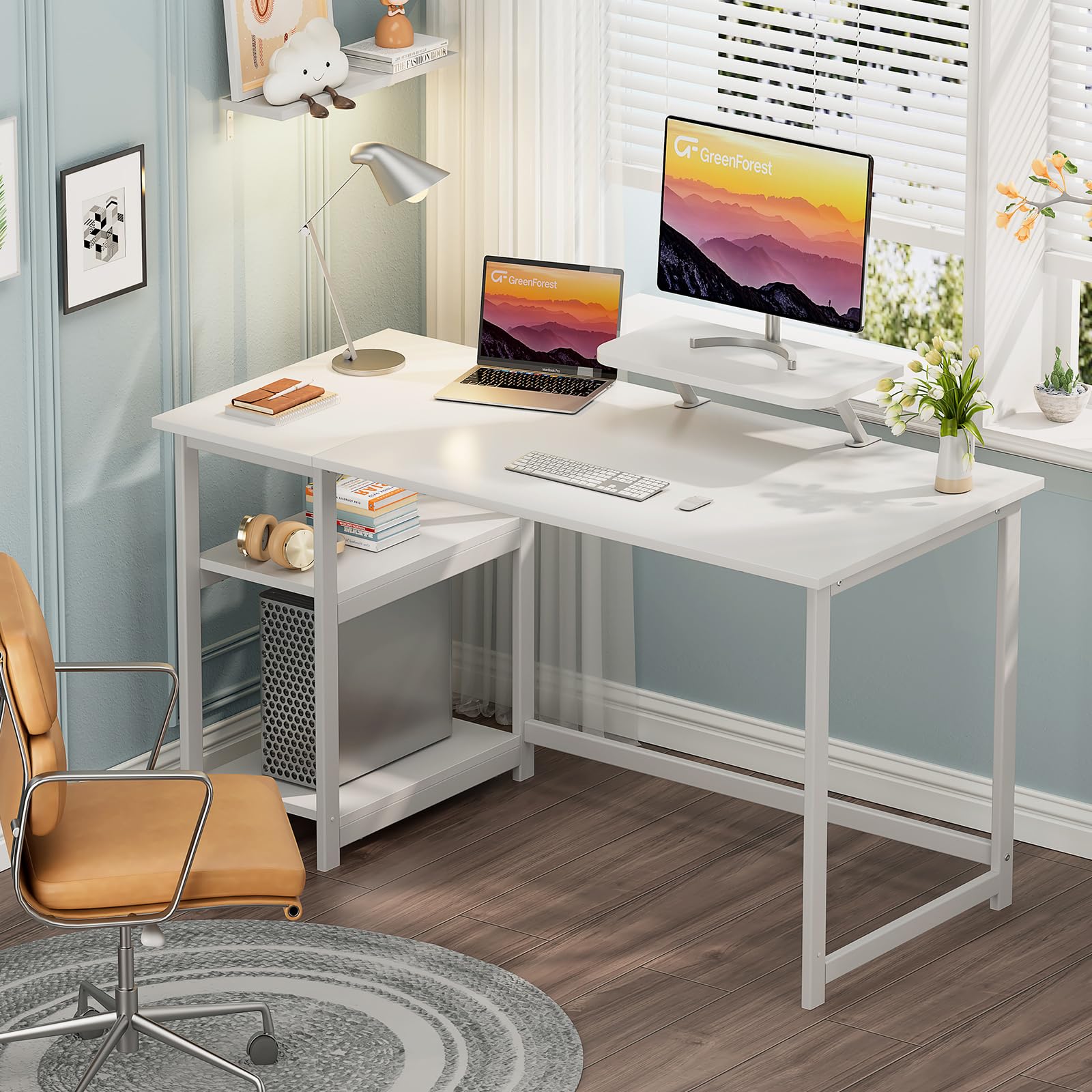 GreenForest Computer Desk 39 Inch with Monitor Stand, Office Desk with Adjustable Storage Shelves, Small Gaming Desk for Home Work Writing Study, Black