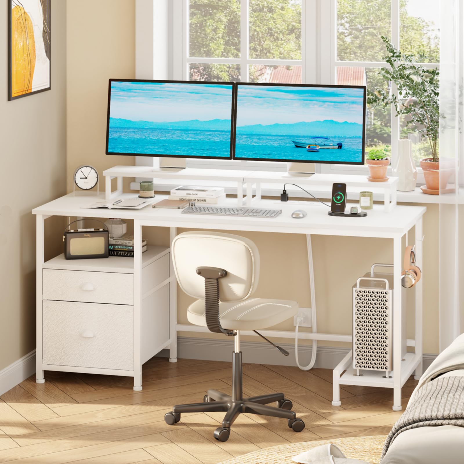改Furologee Computer Desk with Drawer and Power Outlets, 47" Office Desk with 2 Monitor Stands and Fabric File Cabinet, Writing Gaming Table with Shelves and 2 Hooks for Home Office, Rustic Brown