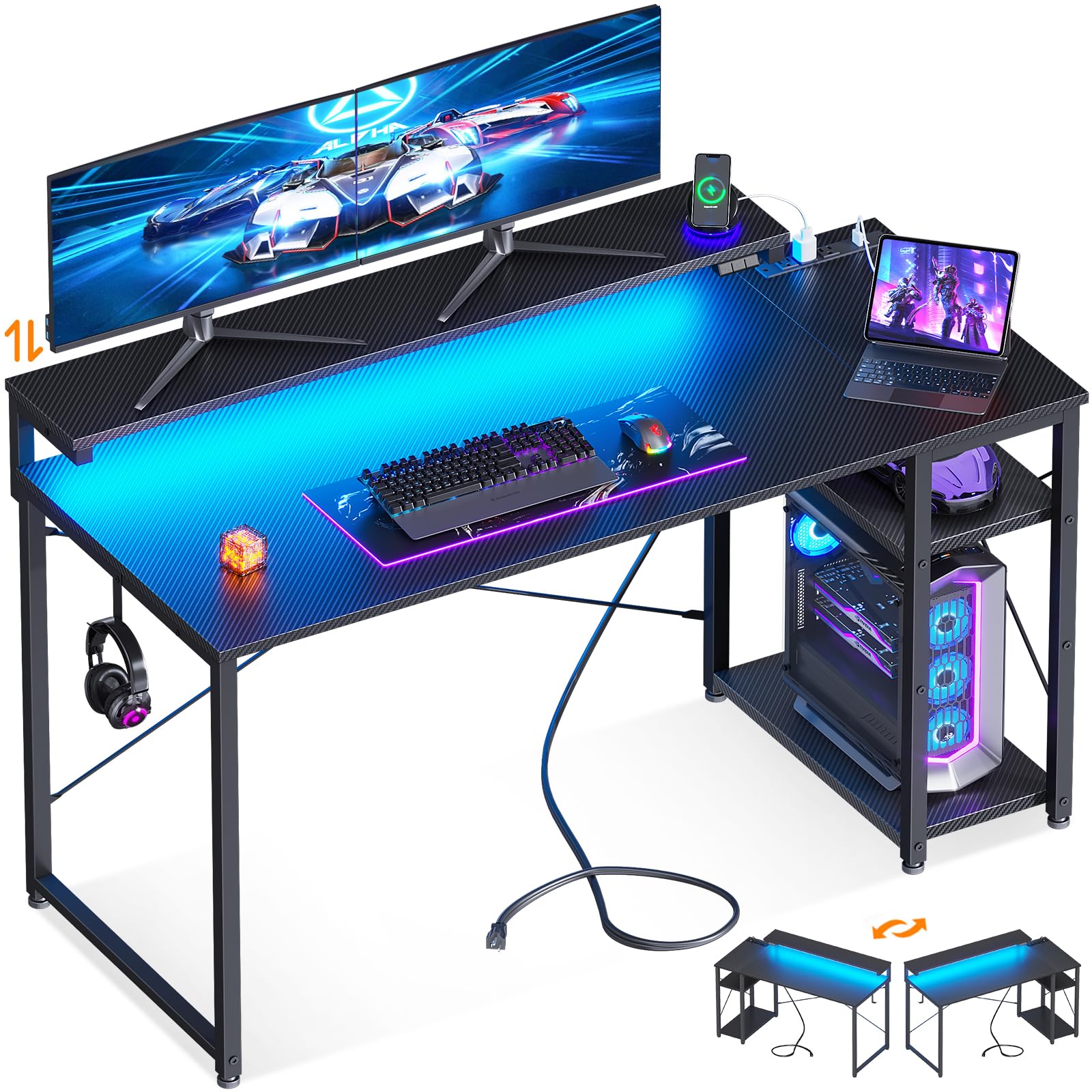 改MOTPK Gaming Desk with Led Lights &amp; Power Outlet, 40 Inch Small Gaming Computer Desk with Shelves, Reversible Gamer Desk Table with Adjustable Monitor Stand &amp; Headphone Hook, Carbon Fiber Texture