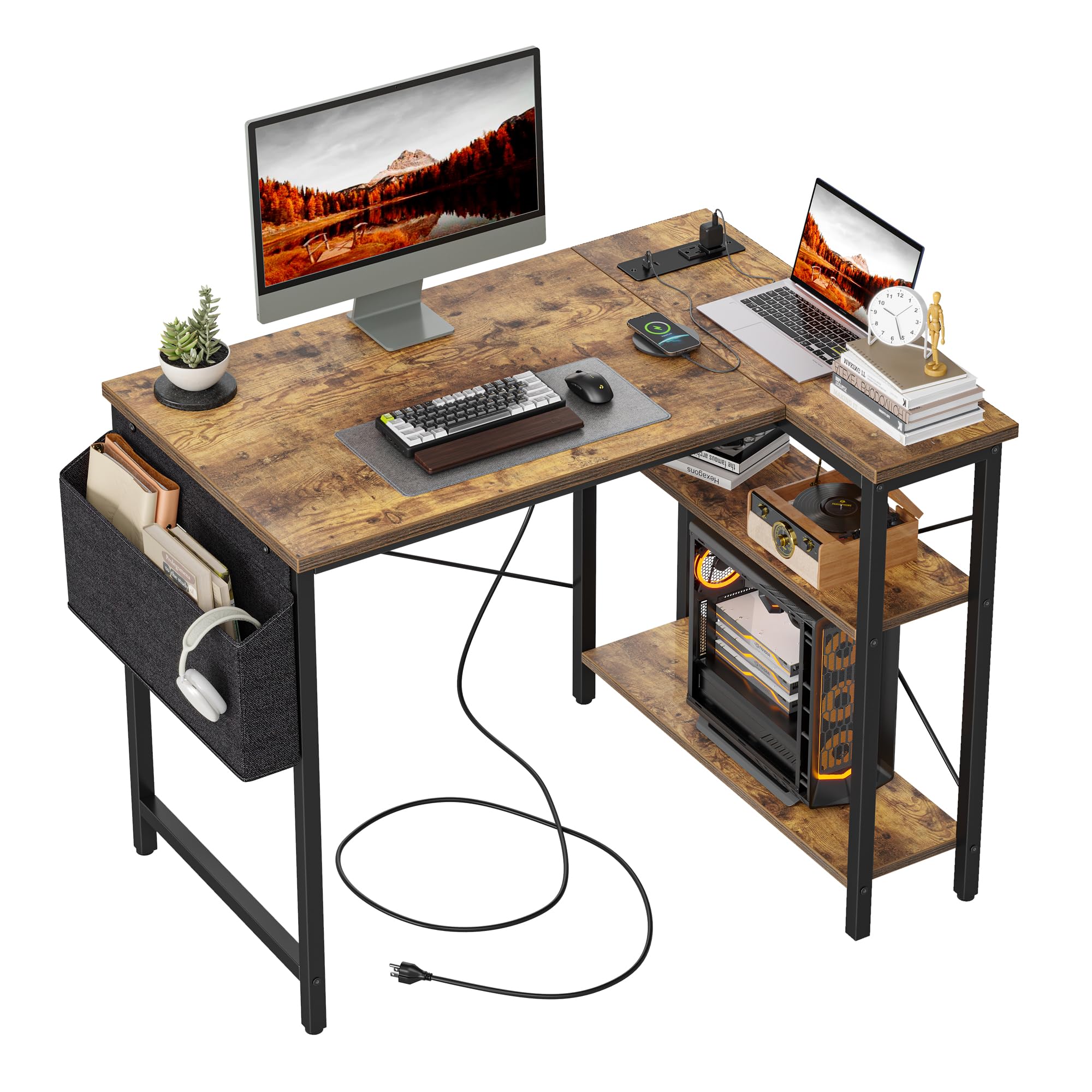 改TIQLAB Small Computer Desk with Power Outlets, 40 Inch L Shaped Desk with Reversible Shelves, Gaming Desk Corner Desk Study Writing Table for Home Office Bedroom Living Room, Black