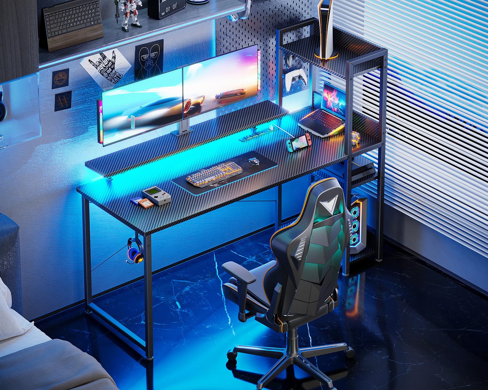 改ODK Reversible Gaming Desk with USB Charging Port and LED Lights, 40 Inch Computer Desk with Storage Shelves &amp; Monitor Stand, Study Table for Home Office, Small Space Bedroom, Carbon Fiber Black