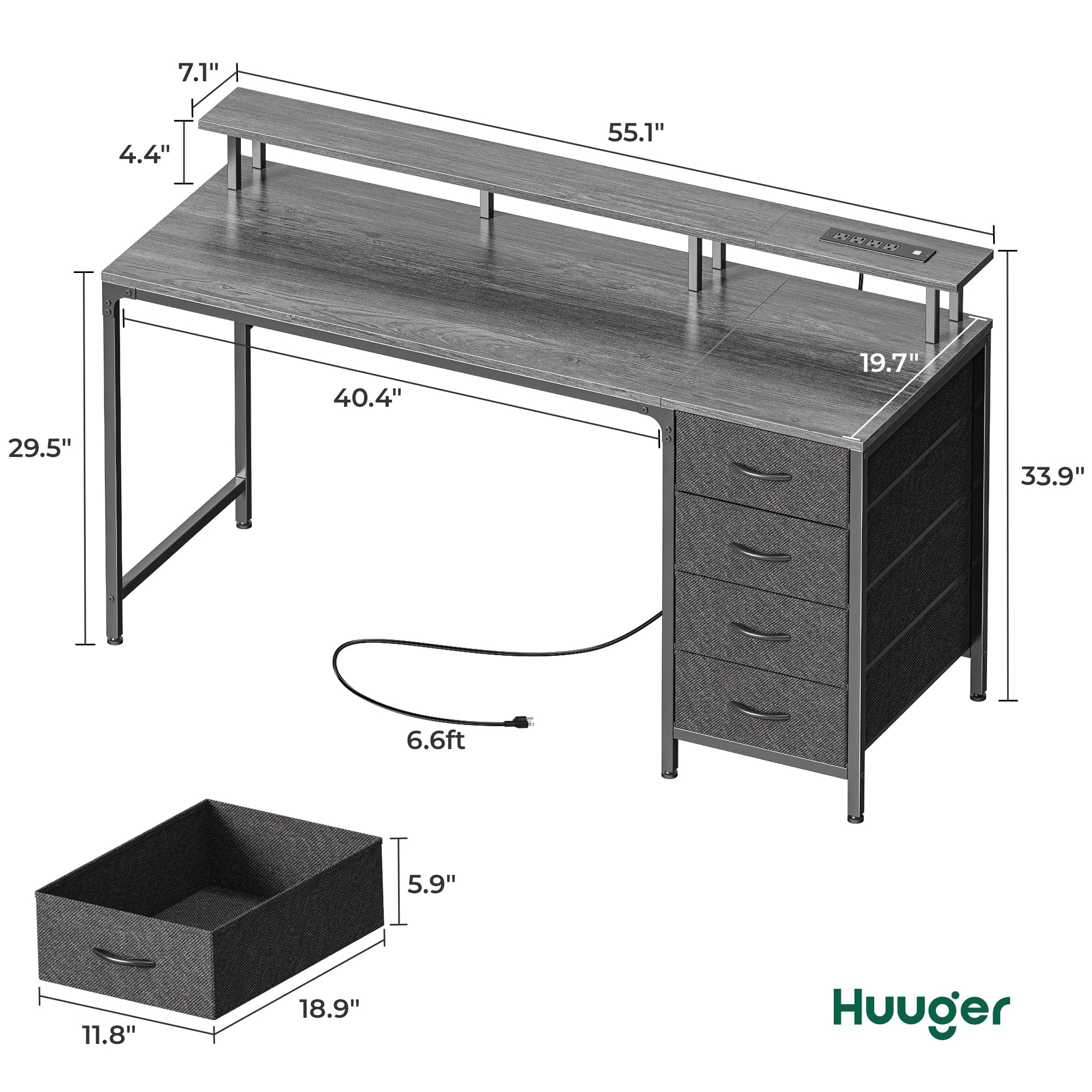 改Huuger 47 Inch Computer Desk with Power Outlets and LED Lights, Gaming Desk with 4 Drawers, Office Desk with Monitor Stand, Study Desk Work Desk for Home Office, Small Spaces, Black