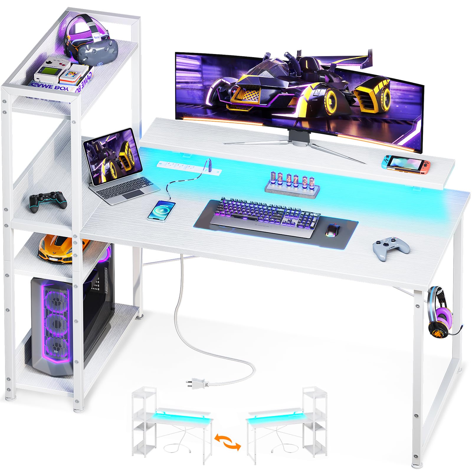 ODK Reversible Gaming Desk with USB Charging Port and LED Lights, 40 Inch Computer Desk with Storage Shelves &amp; Monitor Stand, Study Table for Home Office, Small Space Bedroom, Carbon Fiber Black