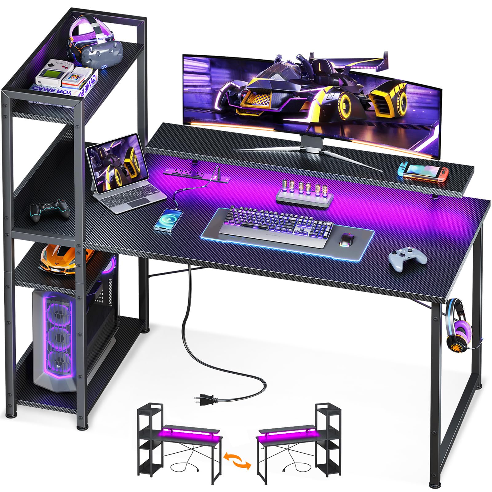 改ODK Reversible Gaming Desk with USB Charging Port and LED Lights, 40 Inch Computer Desk with Storage Shelves &amp; Monitor Stand, Study Table for Home Office, Small Space Bedroom, Carbon Fiber Black