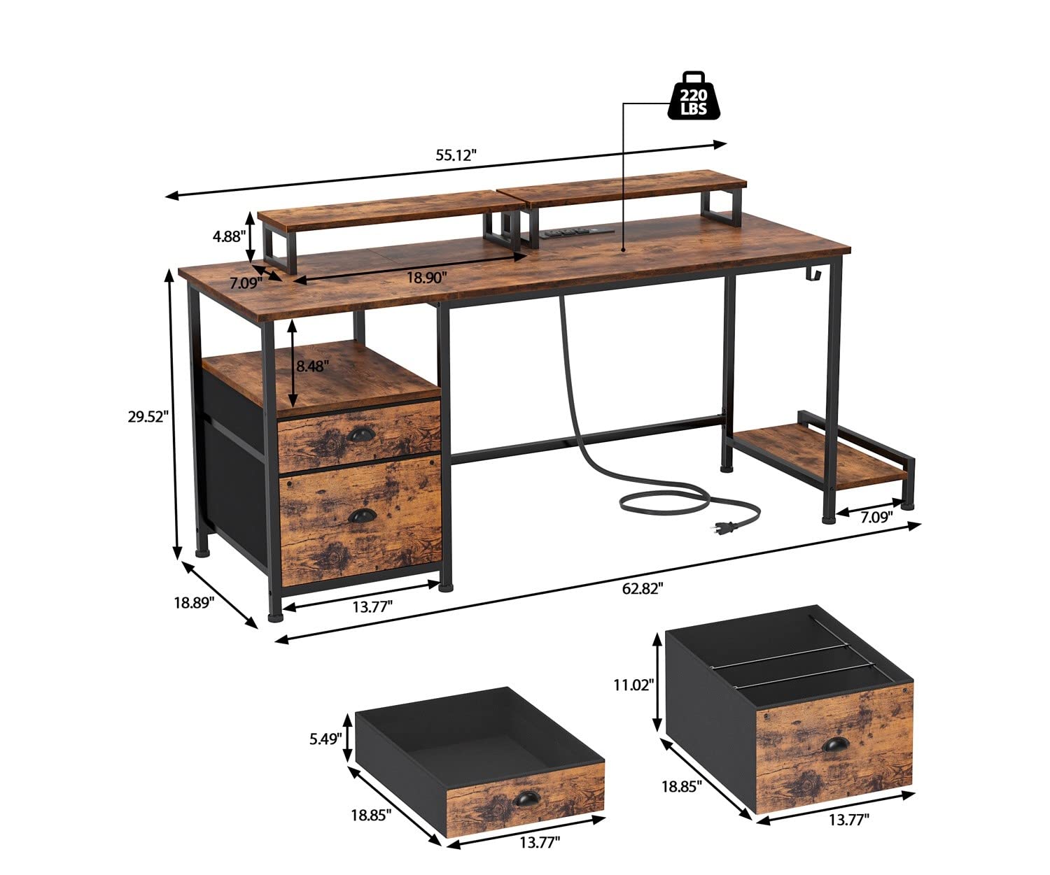Computer Desk with Drawer and Power Outlets, 47" Office Desk with 2 Monitor Stands and Fabric File Cabinet, Writing Gaming Table with Shelves and 2 Hooks for Home Office, Rustic Brown