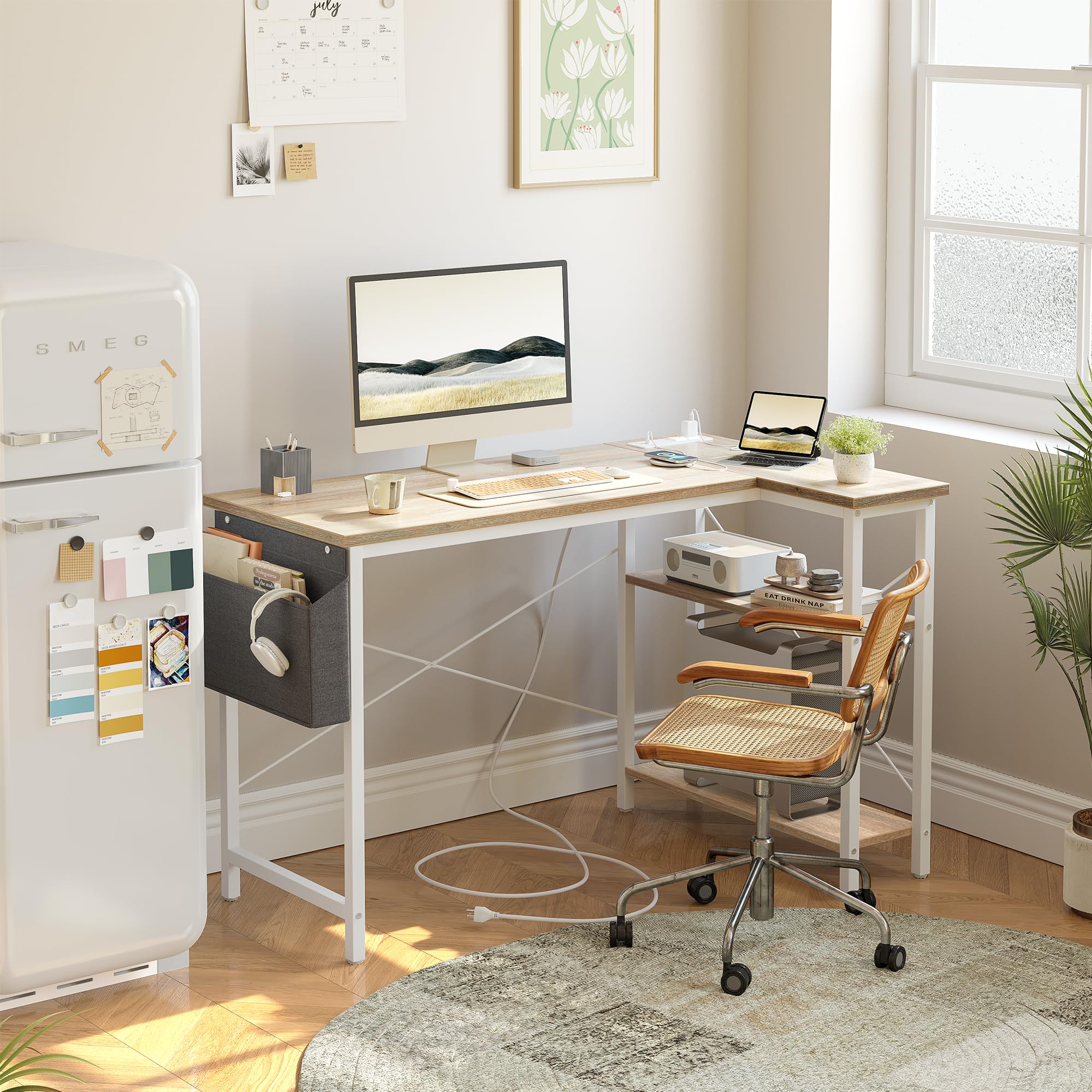 TIQLAB Small Computer Desk with Power Outlets, 40 Inch L Shaped Desk with Reversible Shelves, Gaming Desk Corner Desk Study Writing Table for Home Office Bedroom Living Room, Black