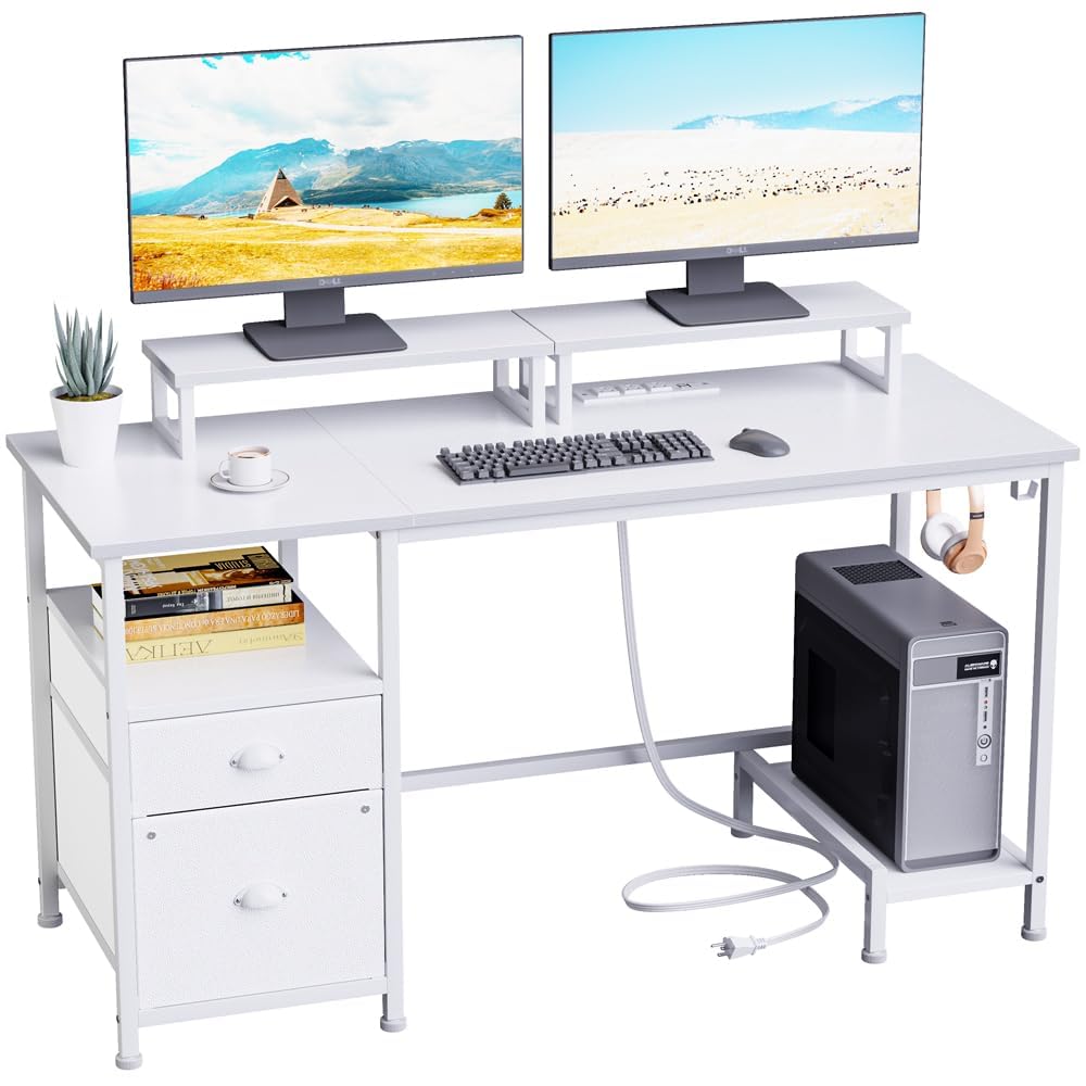 改Furologee Computer Desk with Drawer and Power Outlets, 47" Office Desk with 2 Monitor Stands and Fabric File Cabinet, Writing Gaming Table with Shelves and 2 Hooks for Home Office, Rustic Brown