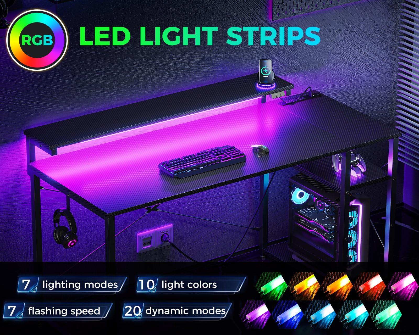 改MOTPK Gaming Desk with Led Lights & Power Outlet, 40 Inch Small Gaming Computer Desk with Shelves, Reversible Gamer Desk Table with Adjustable Monitor Stand & Headphone Hook, Carbon Fiber Texture