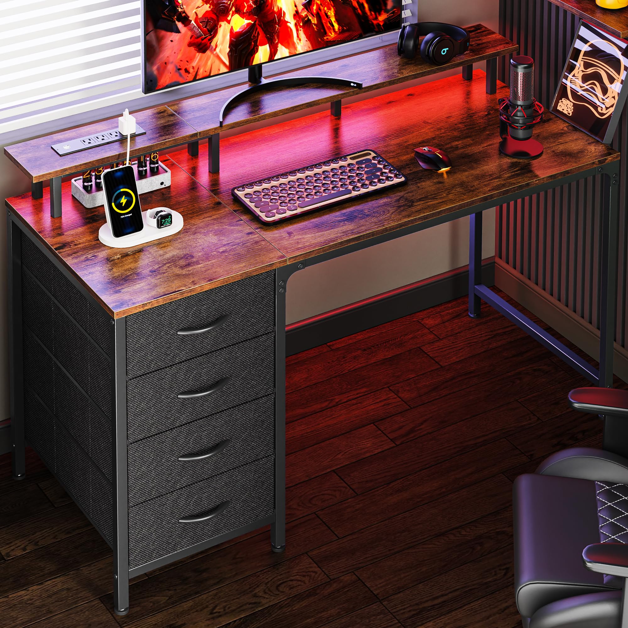47 Inch Computer Desk with Power Outlets and LED Lights, Gaming Desk with 4 Drawers, Office Desk with Monitor Stand, Study Desk Work Desk for Home Office, Small Spaces, Black