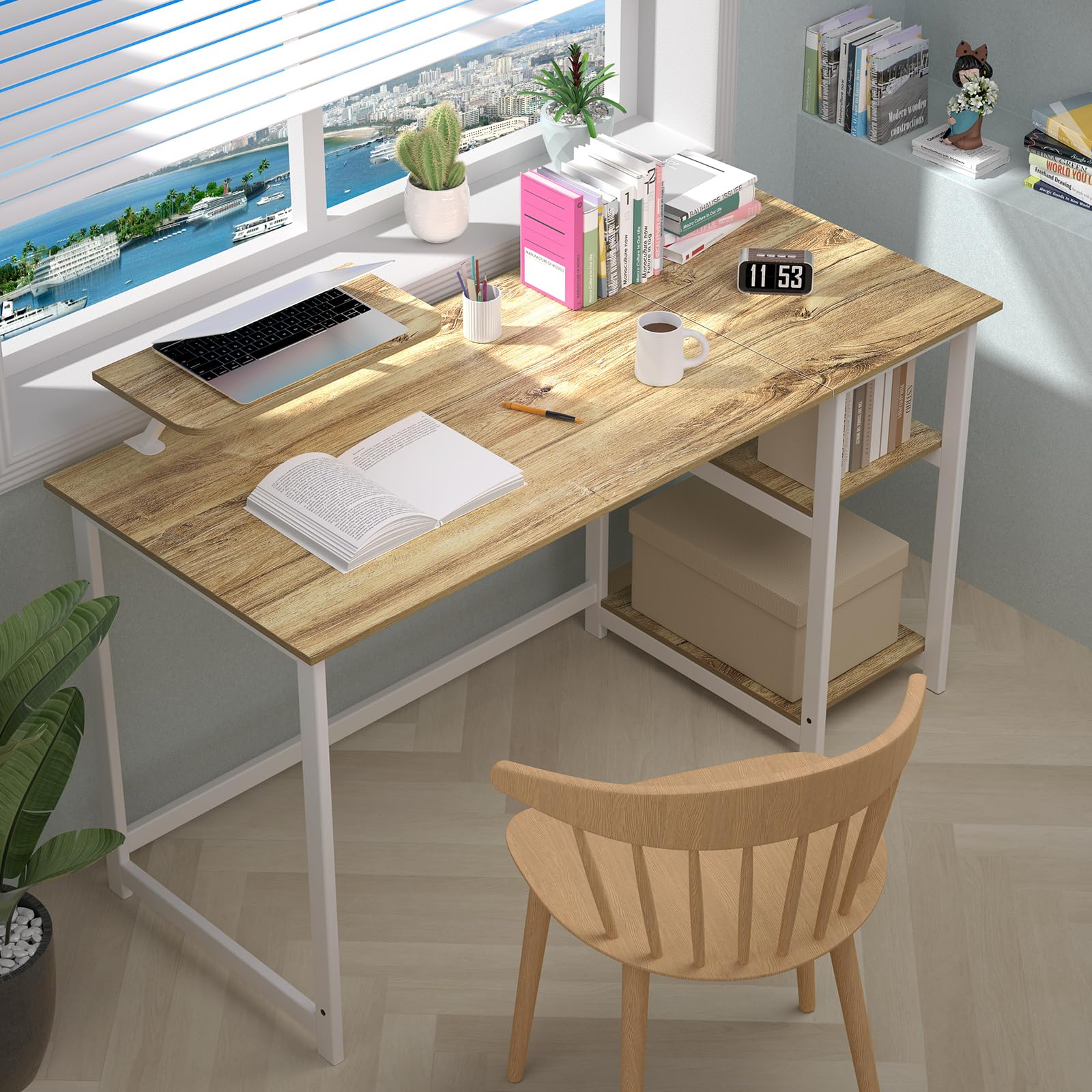 GreenForest Computer Desk 39 Inch with Monitor Stand, Office Desk with Adjustable Storage Shelves, Small Gaming Desk for Home Work Writing Study, Black