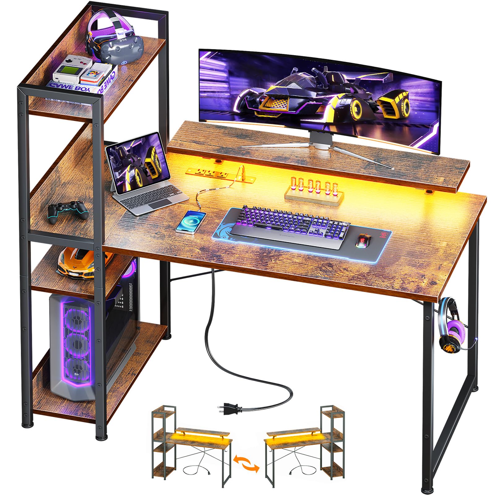 ODK Reversible Gaming Desk with USB Charging Port and LED Lights, 40 Inch Computer Desk with Storage Shelves &amp; Monitor Stand, Study Table for Home Office, Small Space Bedroom, Carbon Fiber Black