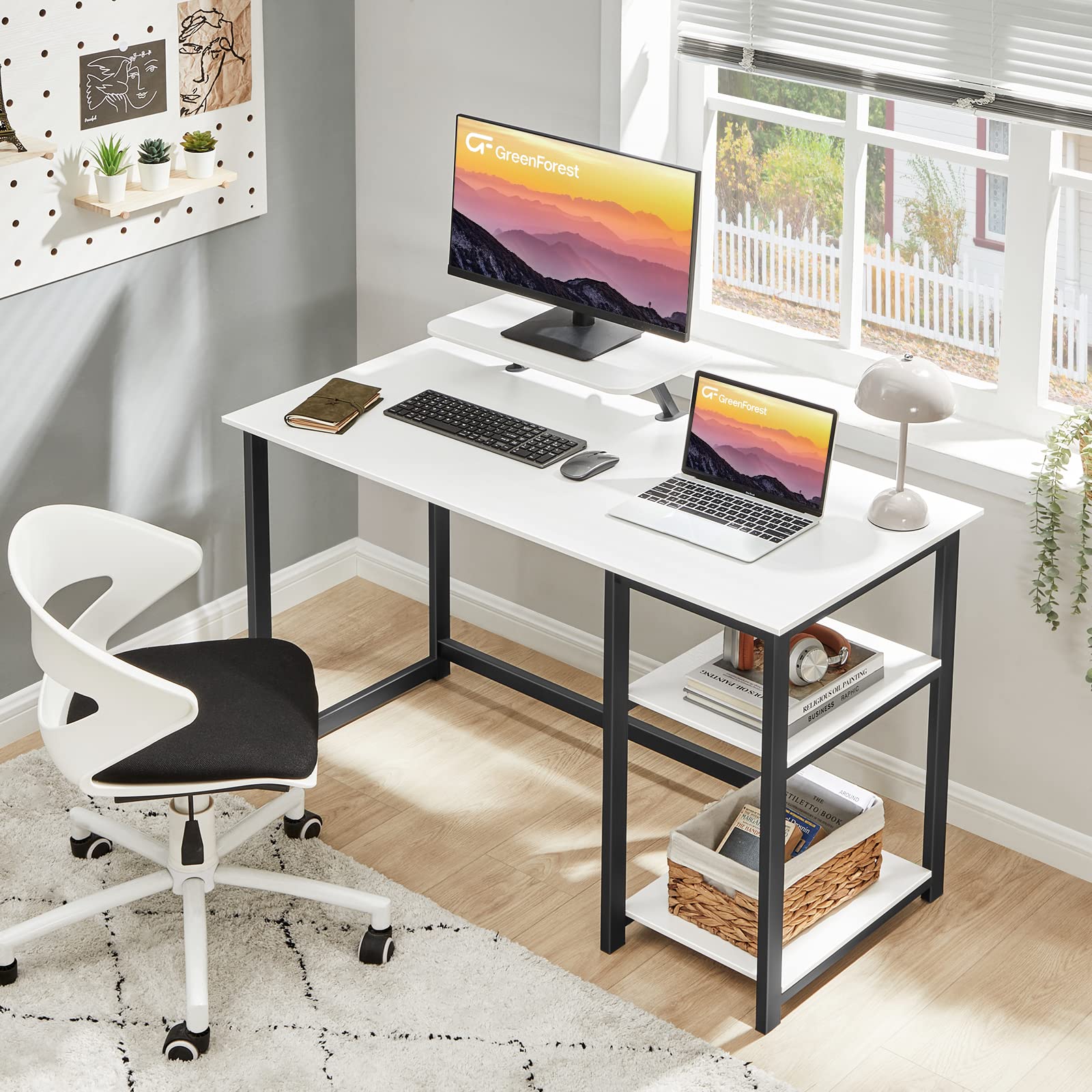 GreenForest Computer Desk 39 Inch with Monitor Stand, Office Desk with Adjustable Storage Shelves, Small Gaming Desk for Home Work Writing Study, Black