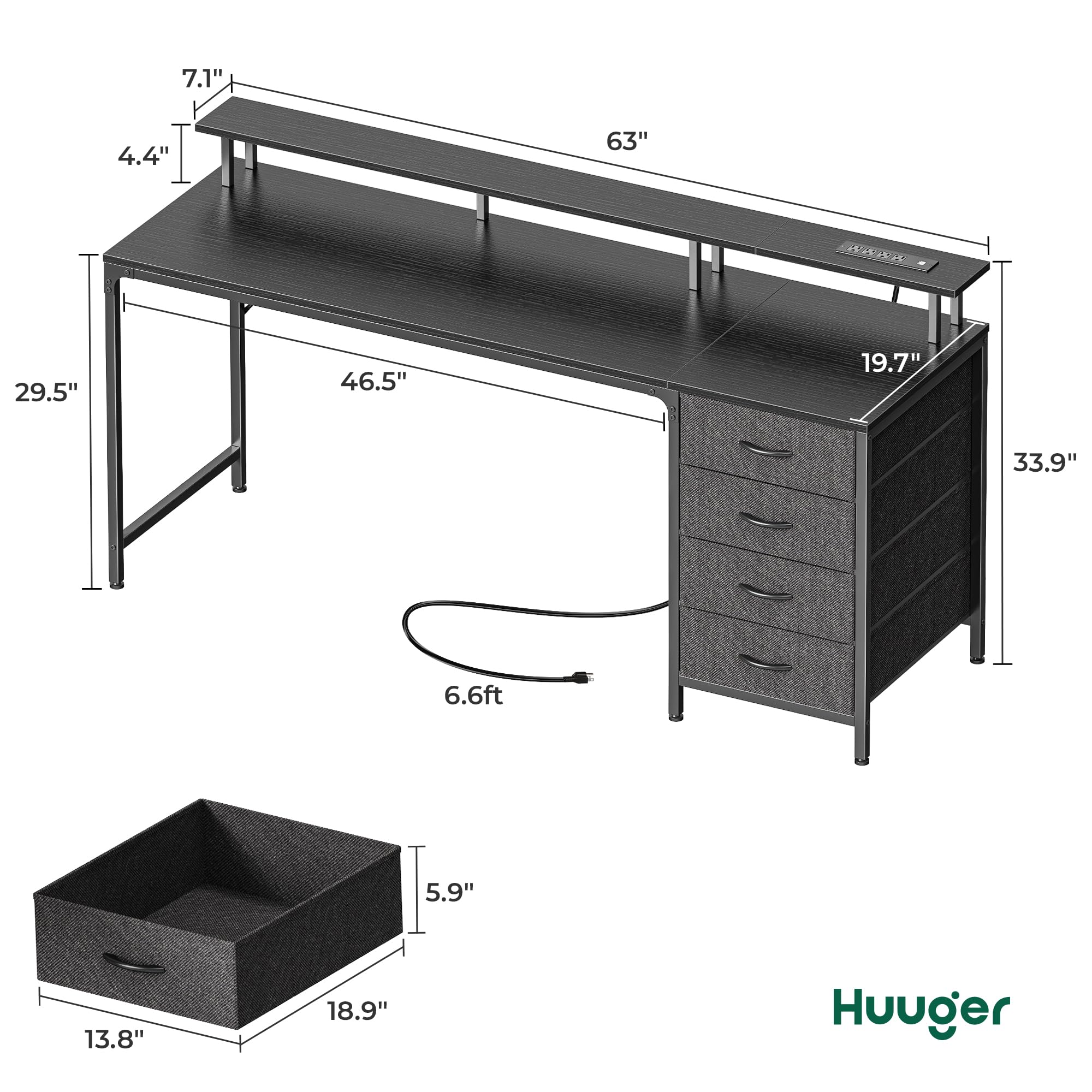 47 Inch Computer Desk with Power Outlets and LED Lights, Gaming Desk with 4 Drawers, Office Desk with Monitor Stand, Study Desk Work Desk for Home Office, Small Spaces, Black