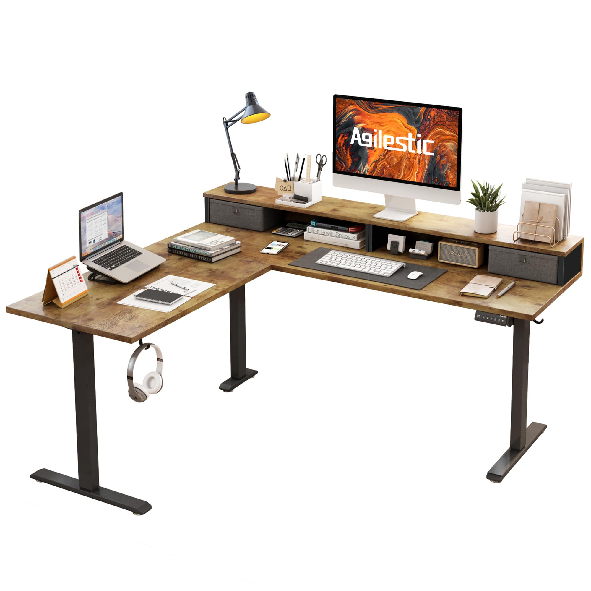 Agilestic L Shaped Standing Desk Adjustable Height, Electric Corner Standing Desk, 63 x 55 inch Sit Stand Computer Table with Splice Board, Rustic Brown