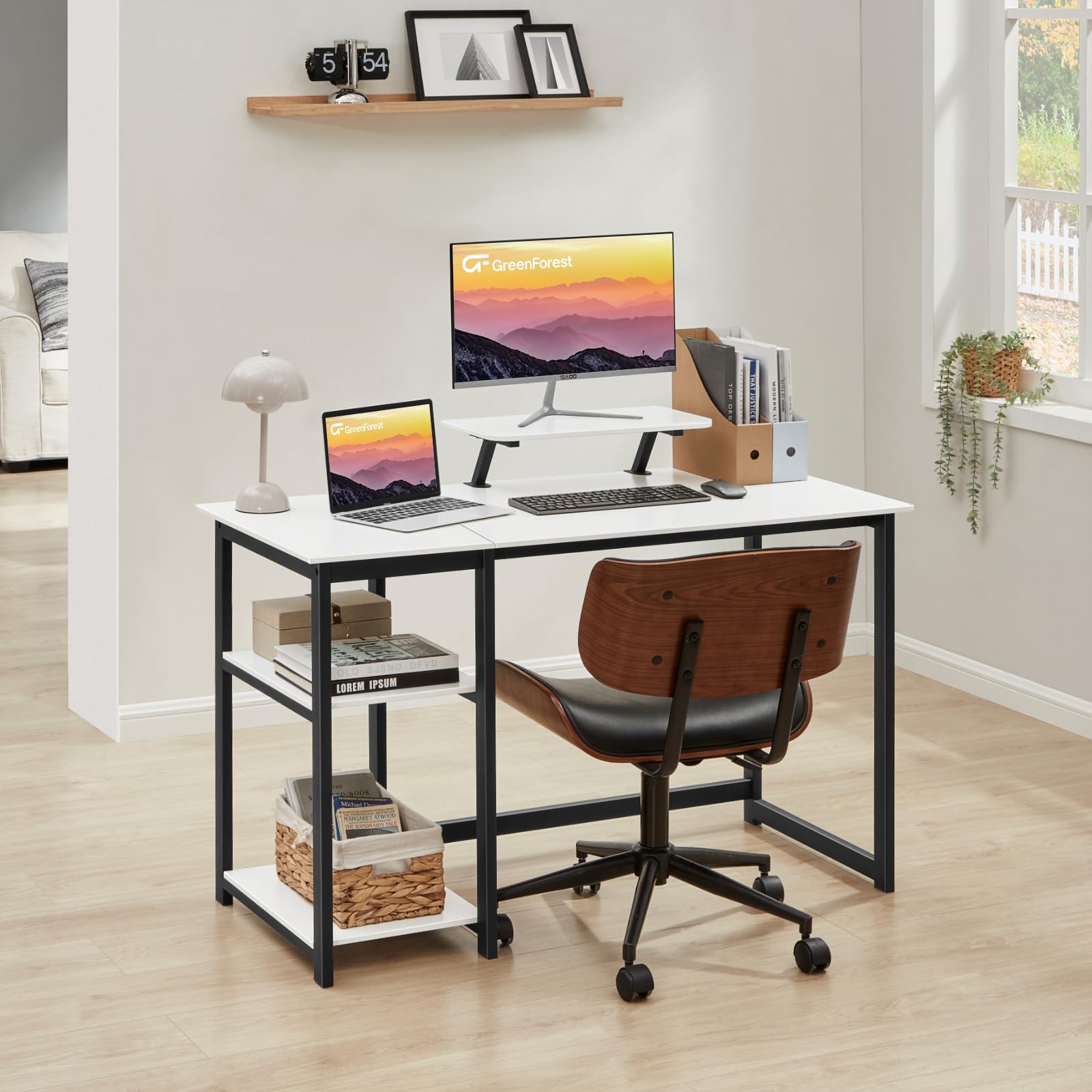 GreenForest Computer Desk 39 Inch with Monitor Stand, Office Desk with Adjustable Storage Shelves, Small Gaming Desk for Home Work Writing Study, Black