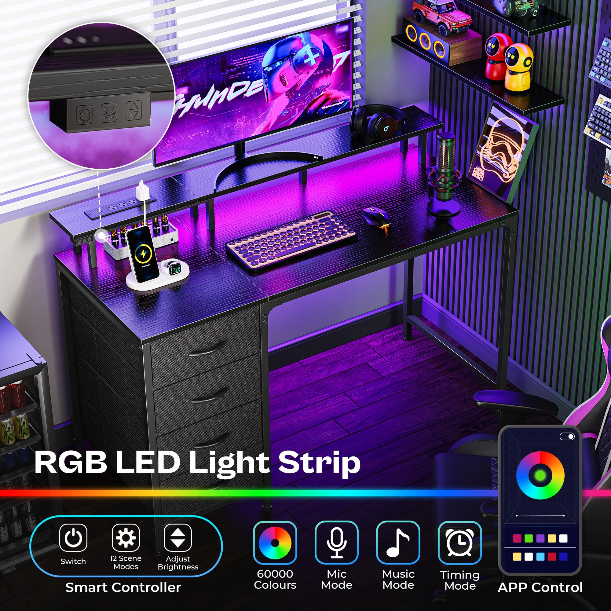 47 Inch Computer Desk with Power Outlets and LED Lights, Gaming Desk with 4 Drawers, Office Desk with Monitor Stand, Study Desk Work Desk for Home Office, Small Spaces, Black