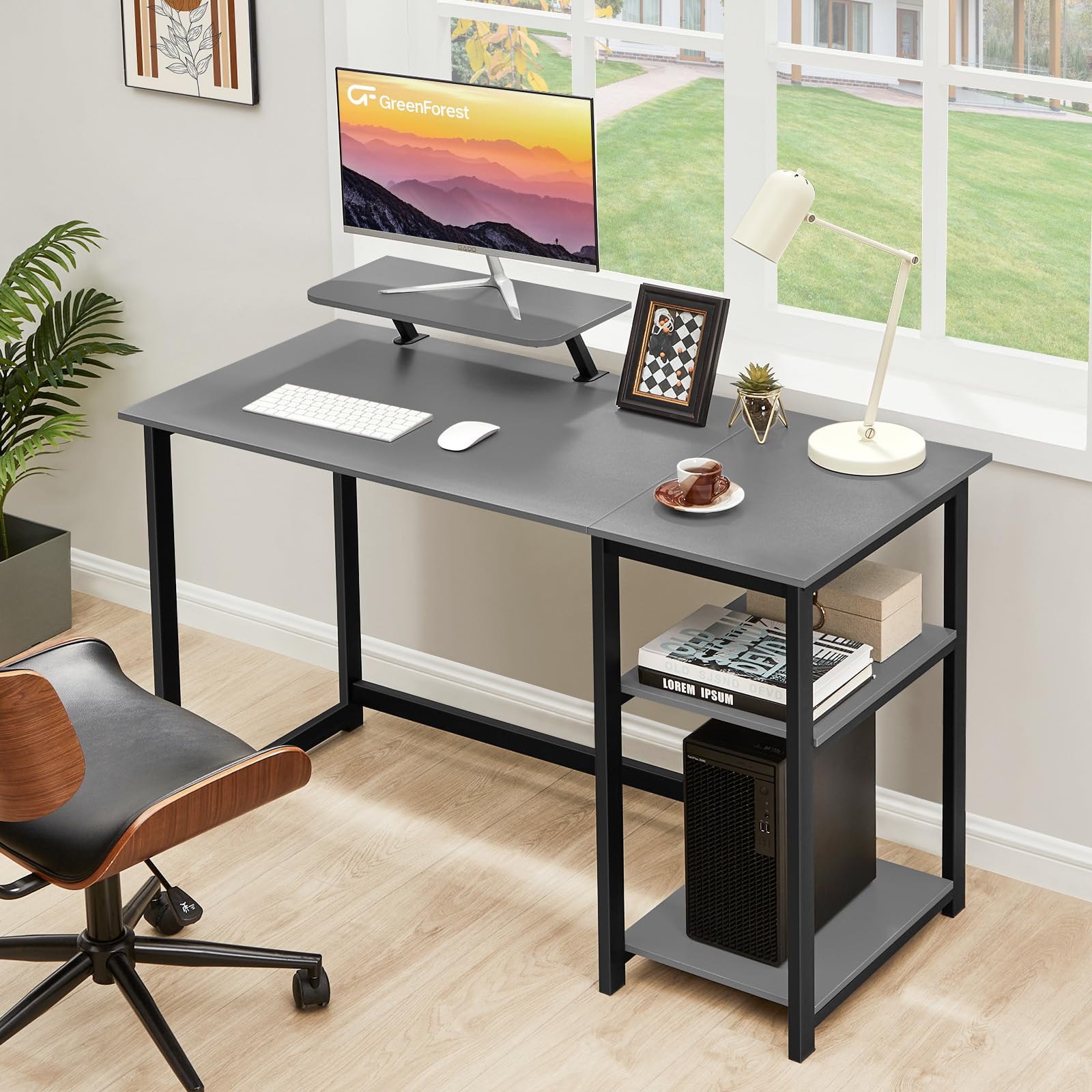GreenForest Computer Desk 39 Inch with Monitor Stand, Office Desk with Adjustable Storage Shelves, Small Gaming Desk for Home Work Writing Study, Black