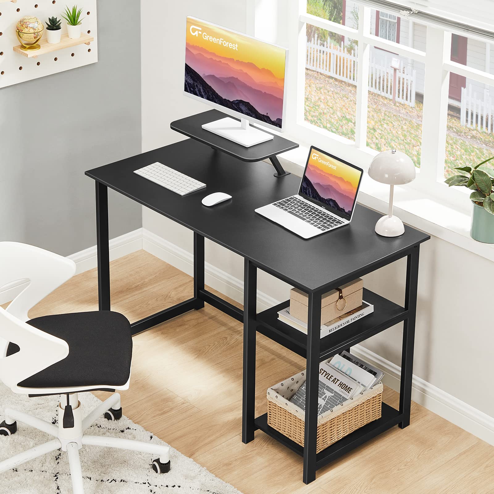 GreenForest Computer Desk 39 Inch with Monitor Stand, Office Desk with Adjustable Storage Shelves, Small Gaming Desk for Home Work Writing Study, Black