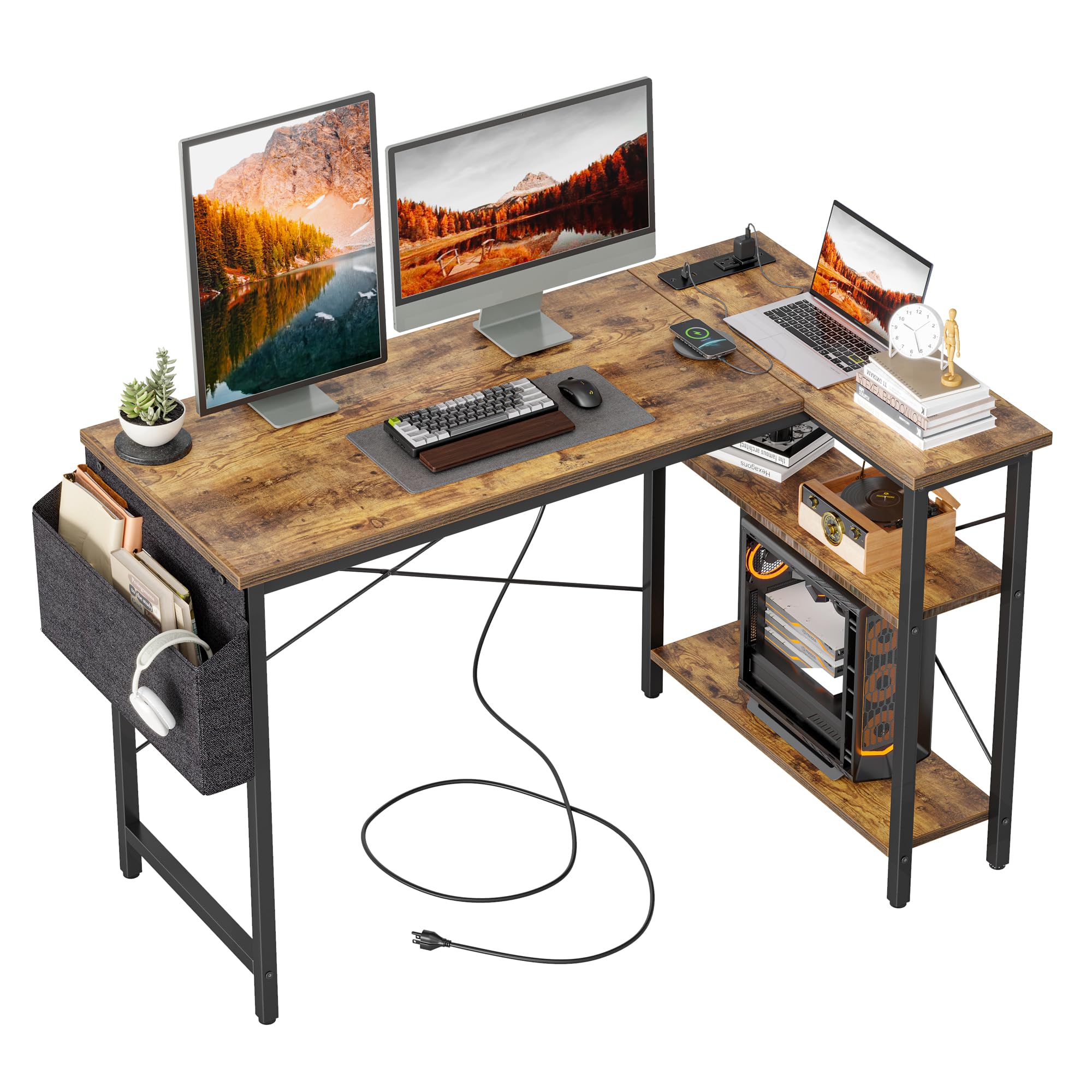 改TIQLAB Small Computer Desk with Power Outlets, 40 Inch L Shaped Desk with Reversible Shelves, Gaming Desk Corner Desk Study Writing Table for Home Office Bedroom Living Room, Black