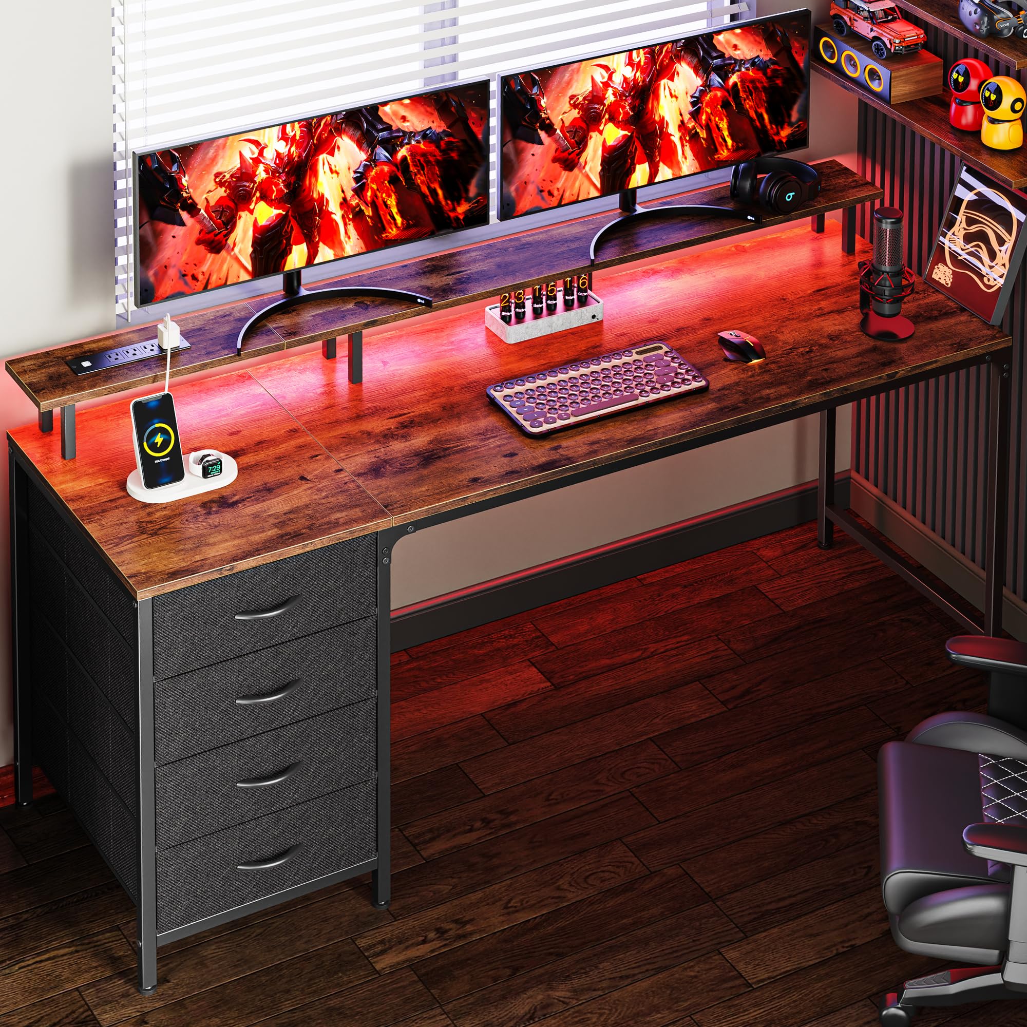 47 Inch Computer Desk with Power Outlets and LED Lights, Gaming Desk with 4 Drawers, Office Desk with Monitor Stand, Study Desk Work Desk for Home Office, Small Spaces, Black