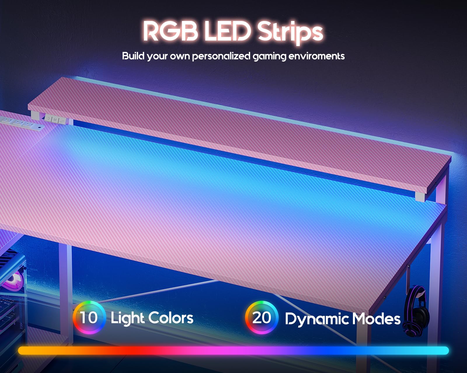 Gaming Desk with Led Lights & Power Outlet, 40 Inch Small Gaming Computer Desk with Shelves, Reversible Gamer Desk Table with Adjustable Monitor Stand & Headphone Hook, Carbon Fiber Texture