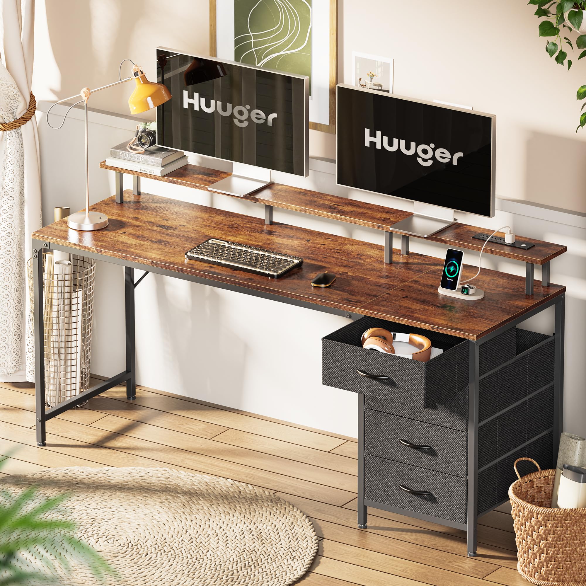 47 Inch Computer Desk with Power Outlets and LED Lights, Gaming Desk with 4 Drawers, Office Desk with Monitor Stand, Study Desk Work Desk for Home Office, Small Spaces, Black