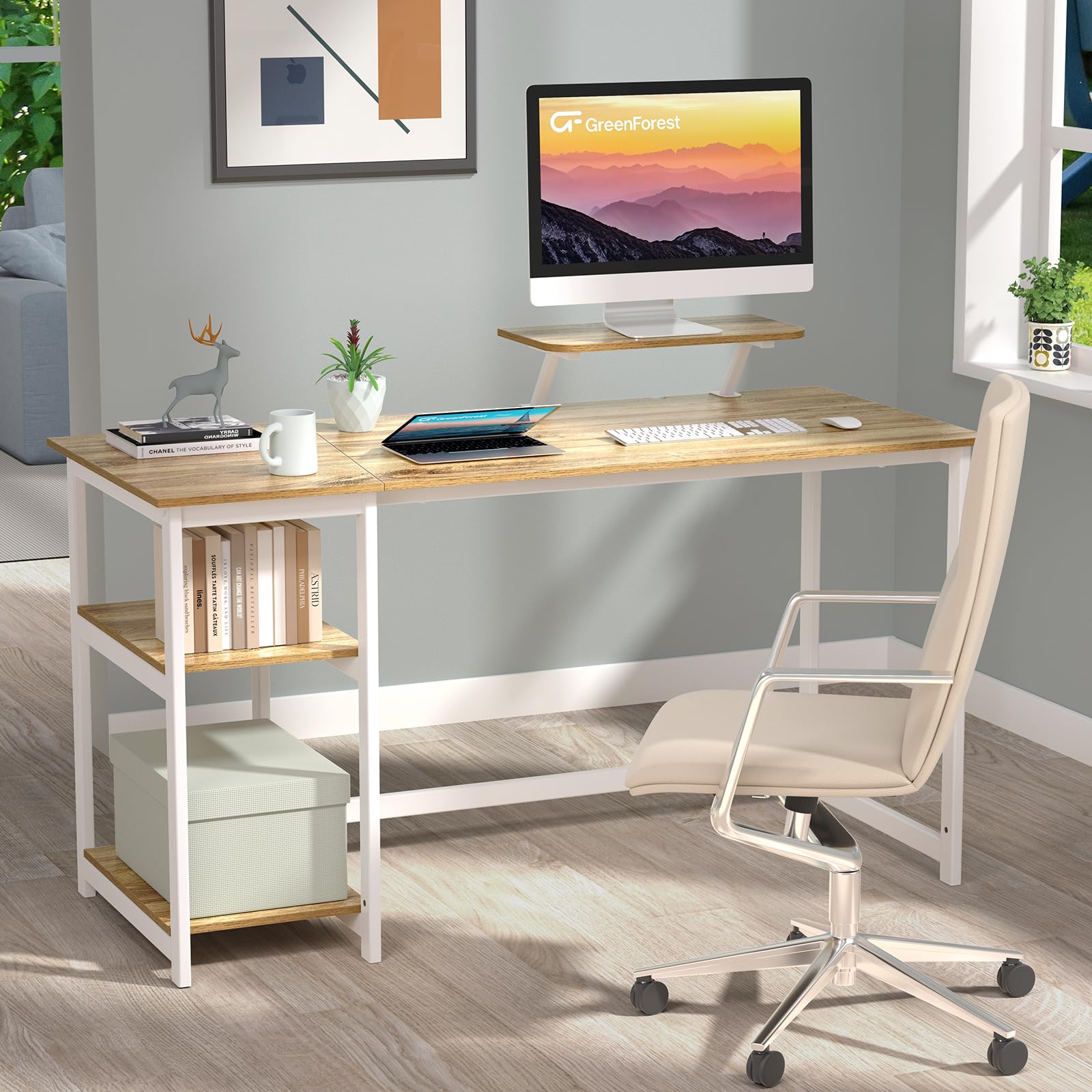 GreenForest Computer Desk 39 Inch with Monitor Stand, Office Desk with Adjustable Storage Shelves, Small Gaming Desk for Home Work Writing Study, Black