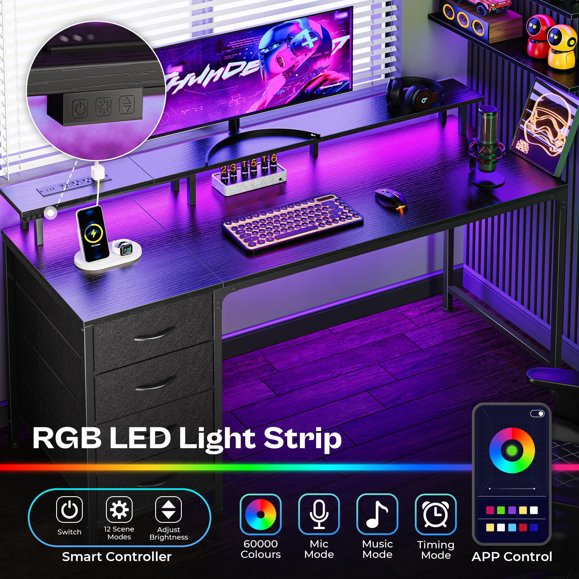 47 Inch Computer Desk with Power Outlets and LED Lights, Gaming Desk with 4 Drawers, Office Desk with Monitor Stand, Study Desk Work Desk for Home Office, Small Spaces, Black