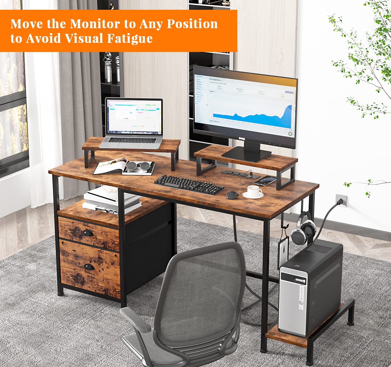 Computer Desk with Drawer and Power Outlets, 47" Office Desk with 2 Monitor Stands and Fabric File Cabinet, Writing Gaming Table with Shelves and 2 Hooks for Home Office, Rustic Brown