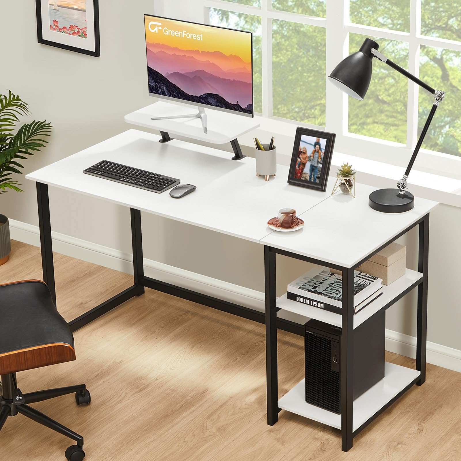 GreenForest Computer Desk 39 Inch with Monitor Stand, Office Desk with Adjustable Storage Shelves, Small Gaming Desk for Home Work Writing Study, Black