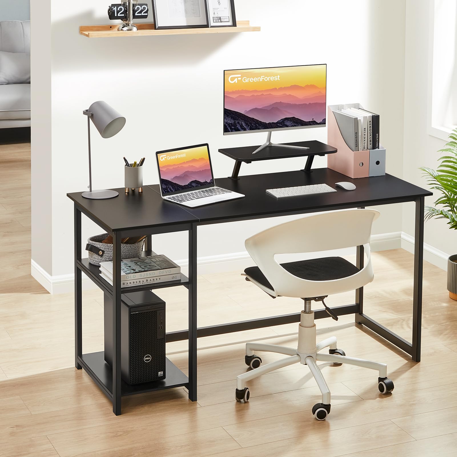 GreenForest Computer Desk 39 Inch with Monitor Stand, Office Desk with Adjustable Storage Shelves, Small Gaming Desk for Home Work Writing Study, Black