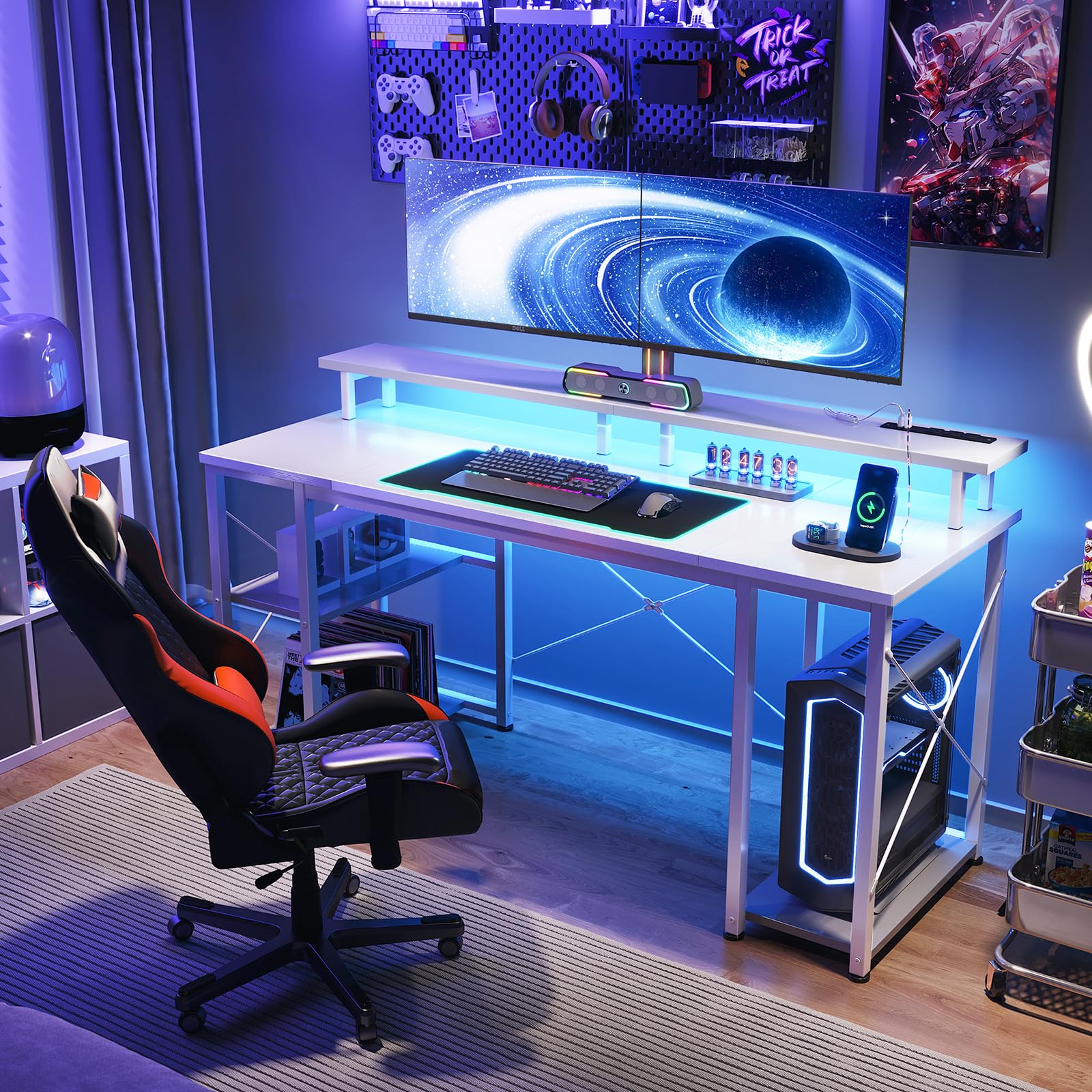 改ODK 48 inch Gaming Desk with LED Lights &amp; Power Outlets, Computer Desk with Monitor Stand &amp; Storage Sheves, CPU Stand, Home Office Desk, Black