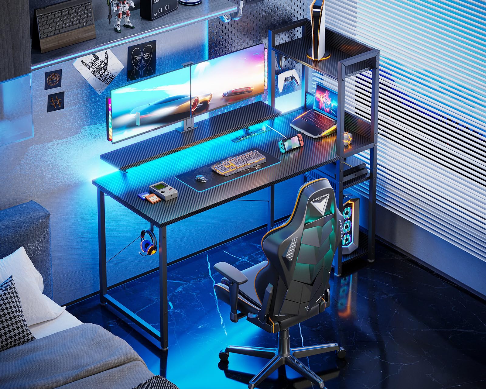 改ODK Reversible Gaming Desk with USB Charging Port and LED Lights, 40 Inch Computer Desk with Storage Shelves &amp; Monitor Stand, Study Table for Home Office, Small Space Bedroom, Carbon Fiber Black