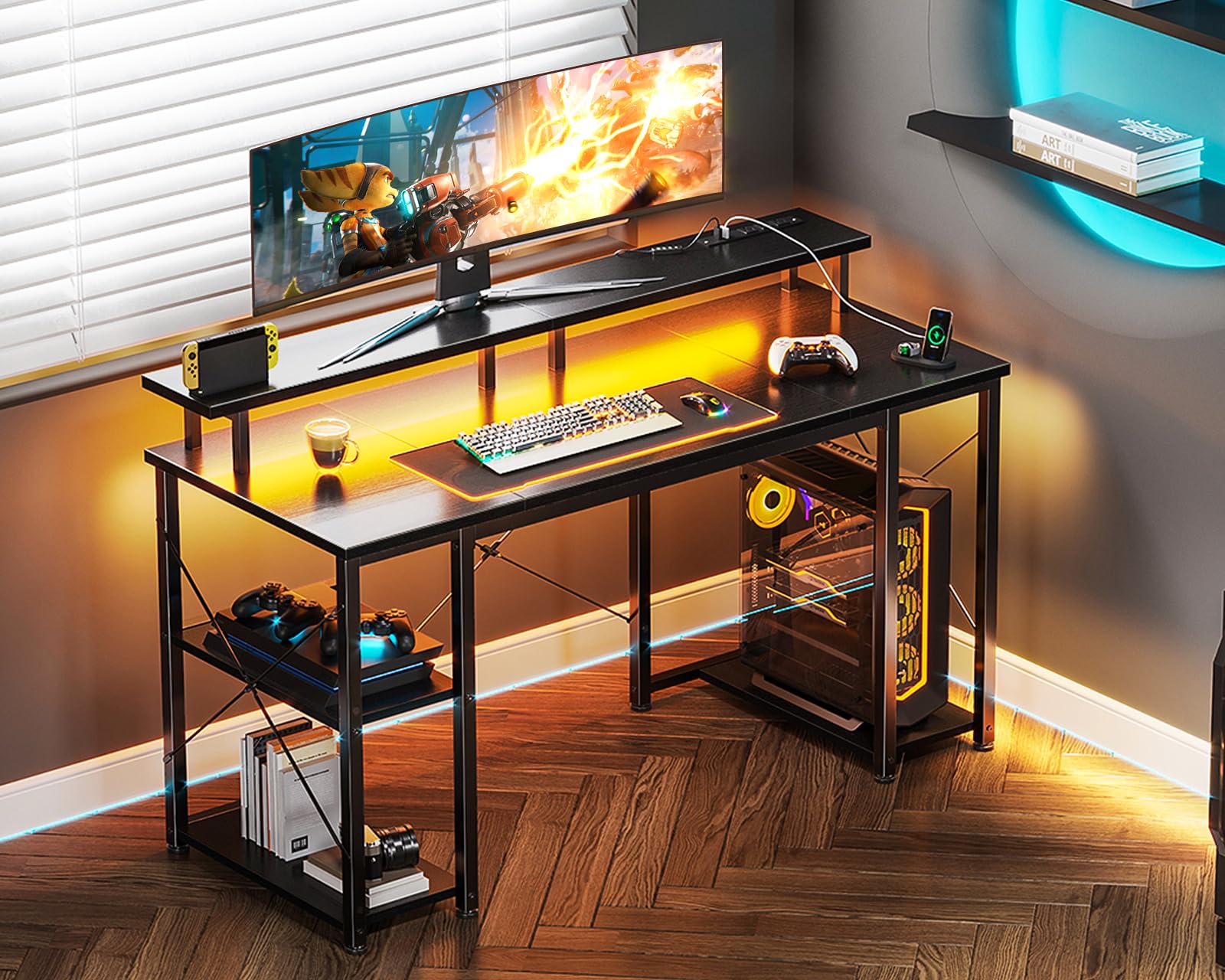 Gaming Desk with LED Lights & Power Outlets, Computer Desk with Monitor Stand & Storage Sheves, CPU Stand, Home Office Desk