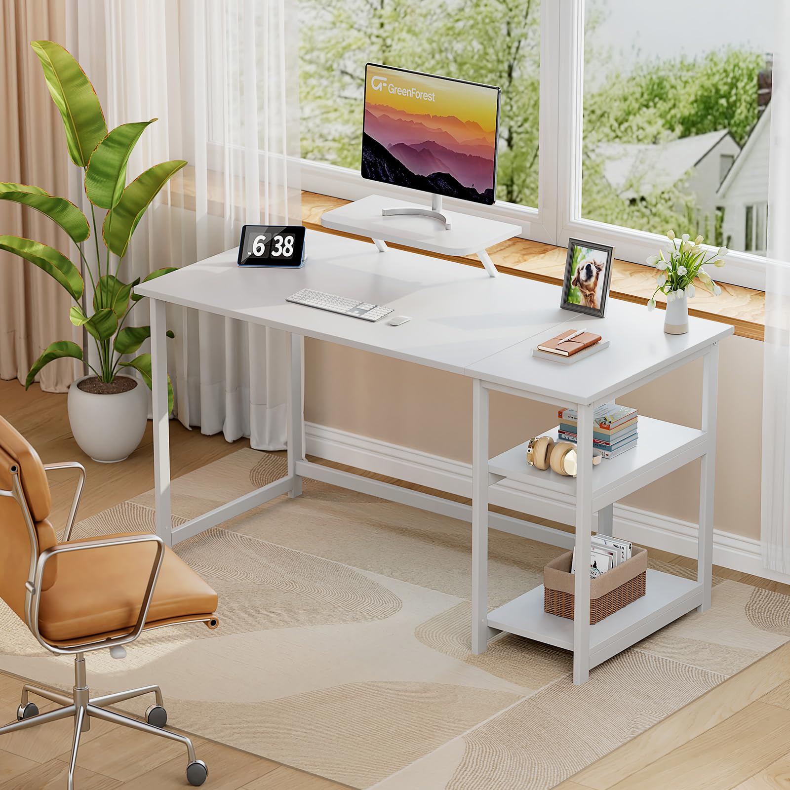 GreenForest Computer Desk 39 Inch with Monitor Stand, Office Desk with Adjustable Storage Shelves, Small Gaming Desk for Home Work Writing Study, Black