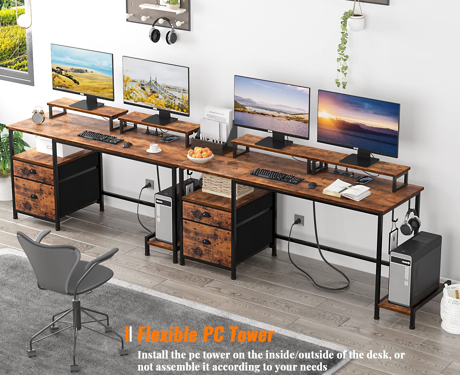 Computer Desk with Drawer and Power Outlets, 47" Office Desk with 2 Monitor Stands and Fabric File Cabinet, Writing Gaming Table with Shelves and 2 Hooks for Home Office, Rustic Brown