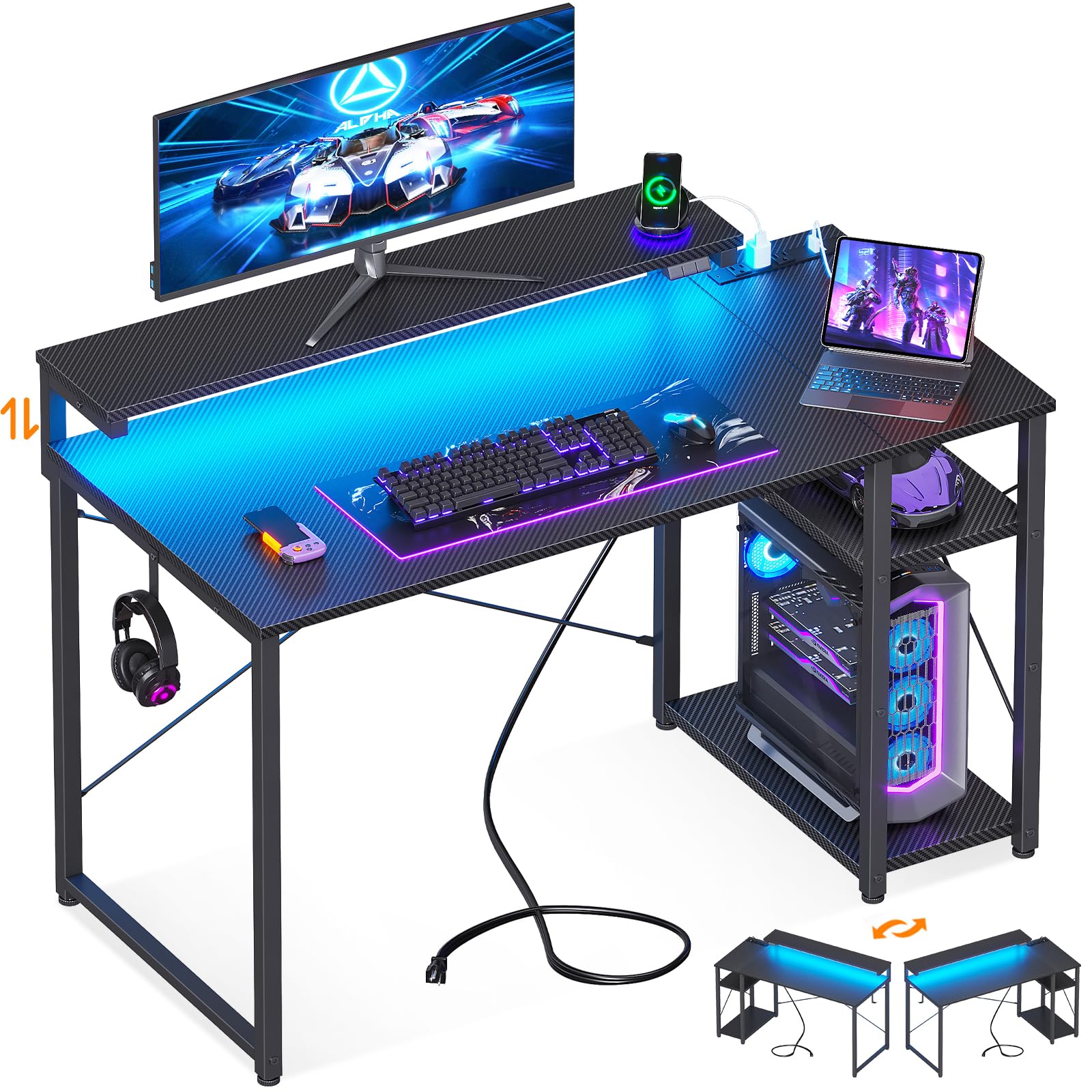 改MOTPK Gaming Desk with Led Lights &amp; Power Outlet, 40 Inch Small Gaming Computer Desk with Shelves, Reversible Gamer Desk Table with Adjustable Monitor Stand &amp; Headphone Hook, Carbon Fiber Texture